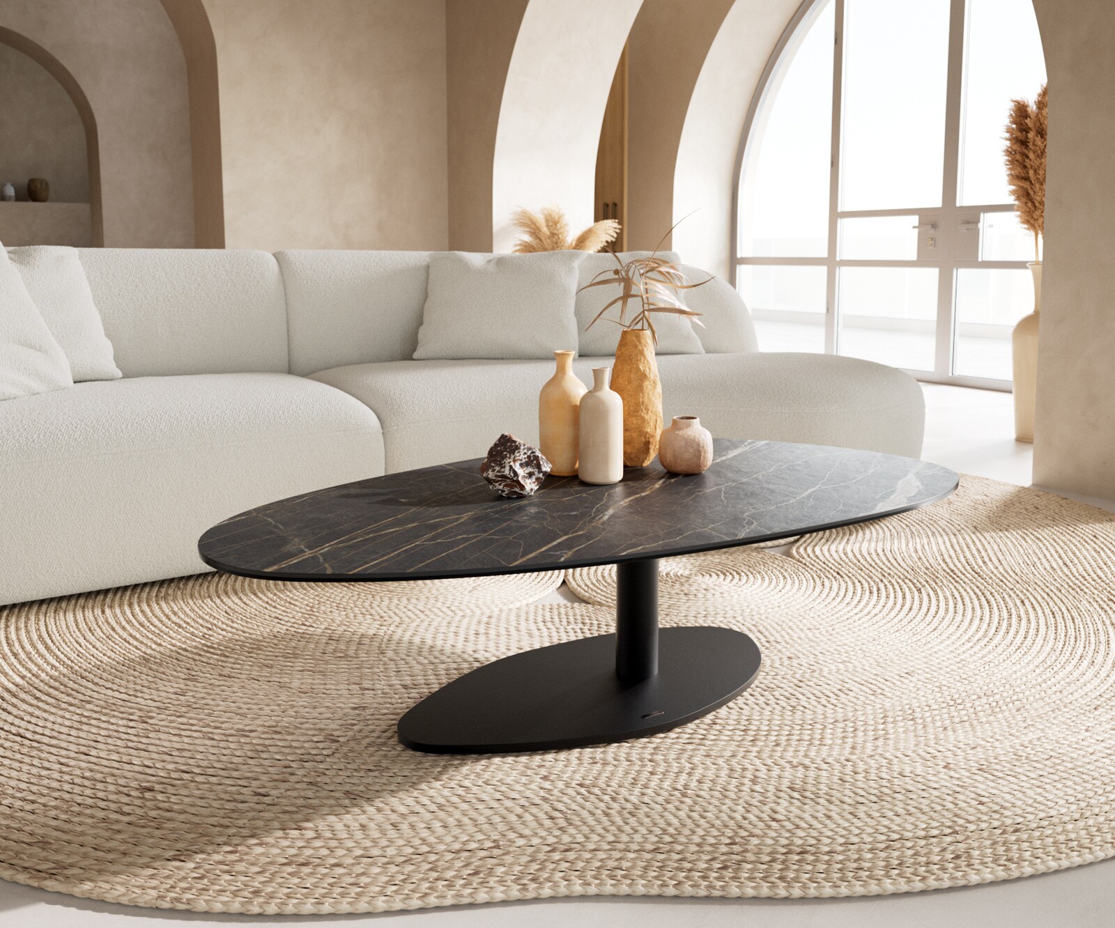 DELIFE Couchtisch Edge Oval 140x75 cm Keramik Laminam Noir Desir Braun Vibany Metall Schwarz, Couchtische - B140 x T75 x H37 cm
