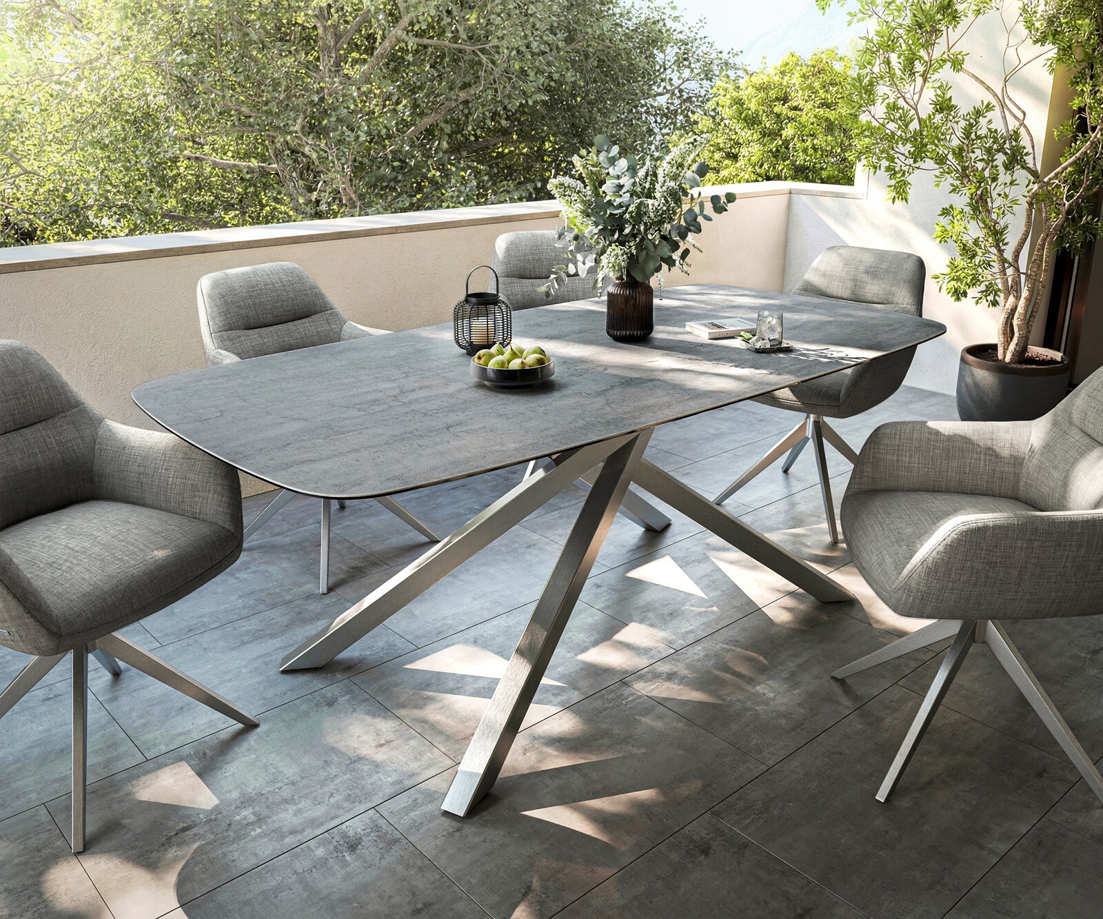 Outdoortisch Edge Boot 200x100 cm Keramik Beton Grau Kreuzgestell Rechteck Edelstahl 1