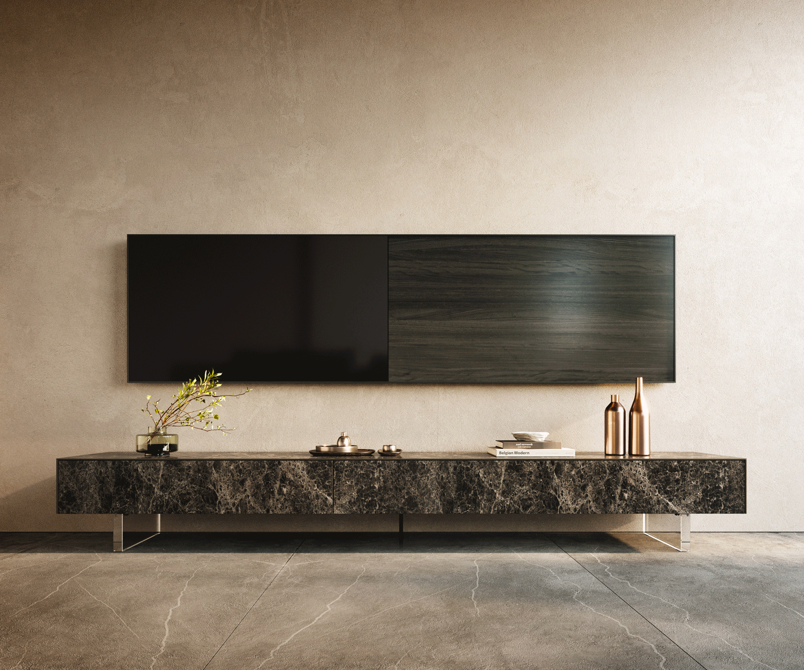 Lowboard Cuor 250 cm Keramik Laminam® Emperador Extra Lucidato Dunkelbraun 1 Klappe 1 Schubfach Fuß Schwebeoptik Acrylglas 2