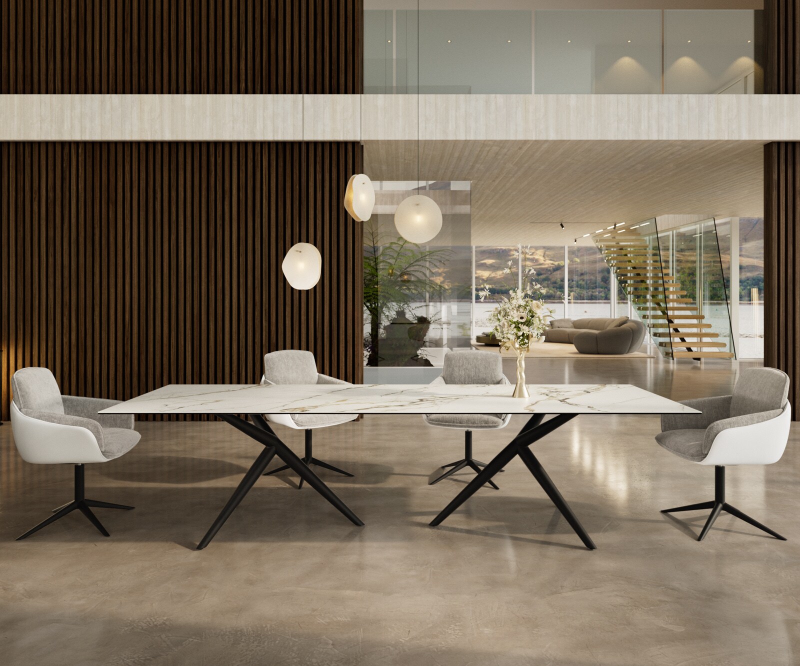 Esstisch Edge 300x100 Keramik Calacatta Luxe Weiß-Gold-Grau Estelar rund Metall Schwarz