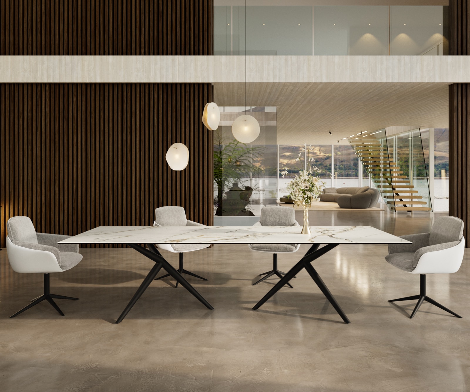 Esstisch Edge 300x100 Keramik Calacatta Luxe Weiß-Gold-Grau Estelar rund Metall Schwarz