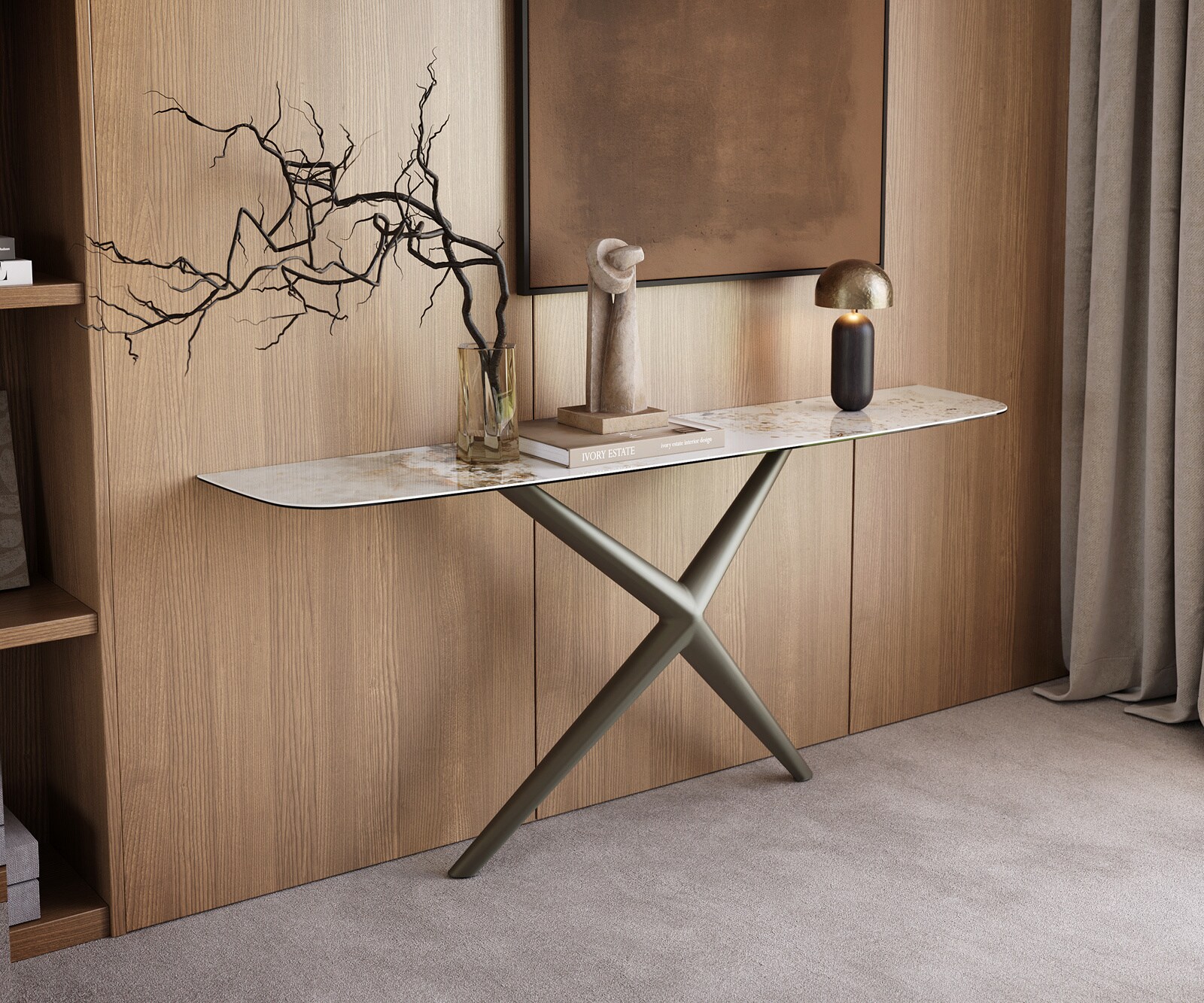 Konsolentisch Edge Boot 180x40 cm Keramik Minas Melange Weiß-Beige Estelo Metall Effektfinish Titan 3