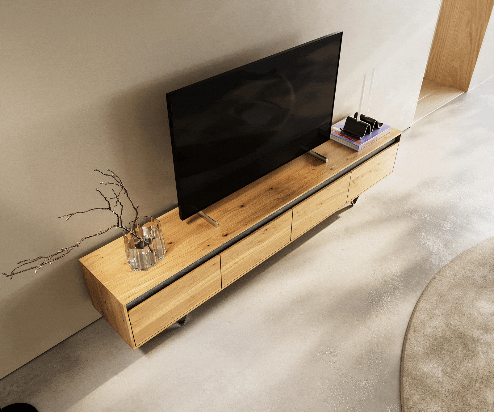 Designer-Lowboard Stonegrace 200 cm Eiche Natur Schiefer 4 Schübe V-Fuß Edelstahl 3