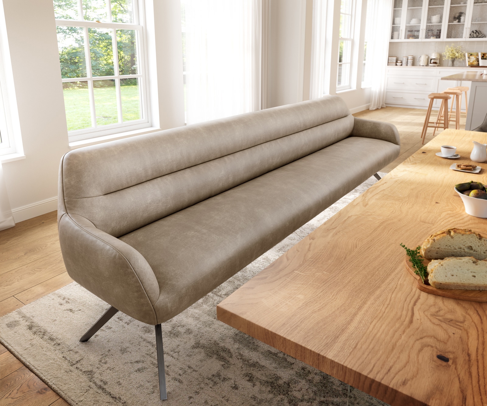 Esszimmerbank Taya-Flex 300 cm Mikrofaser Beige Vintage Kreuzgestell kantig Graphit Taschenfederkern
