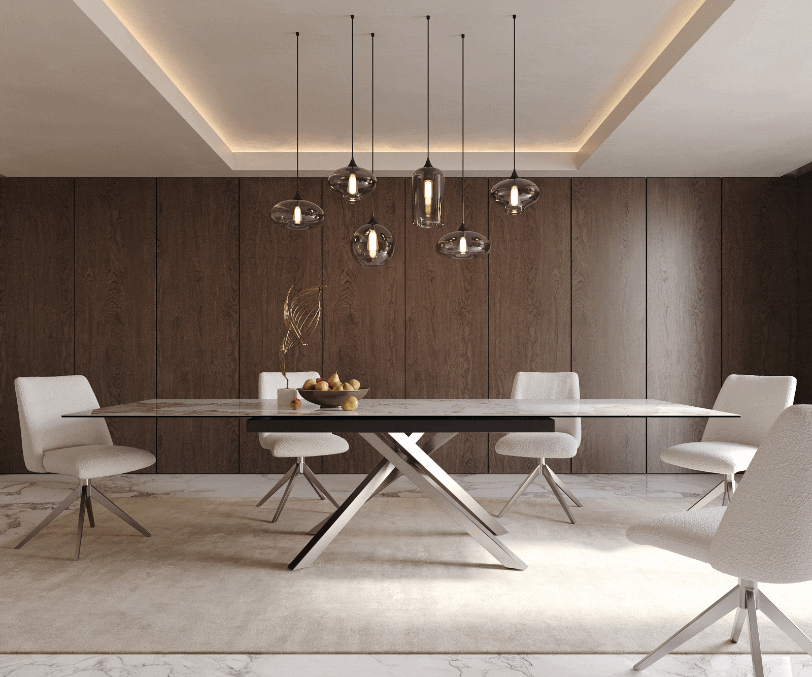 Esstisch Edge 200-300x100 Keramik Minas Melange Weiß-Beige Kreuzgestell Rechteck Edelstahl ausziehbar 1