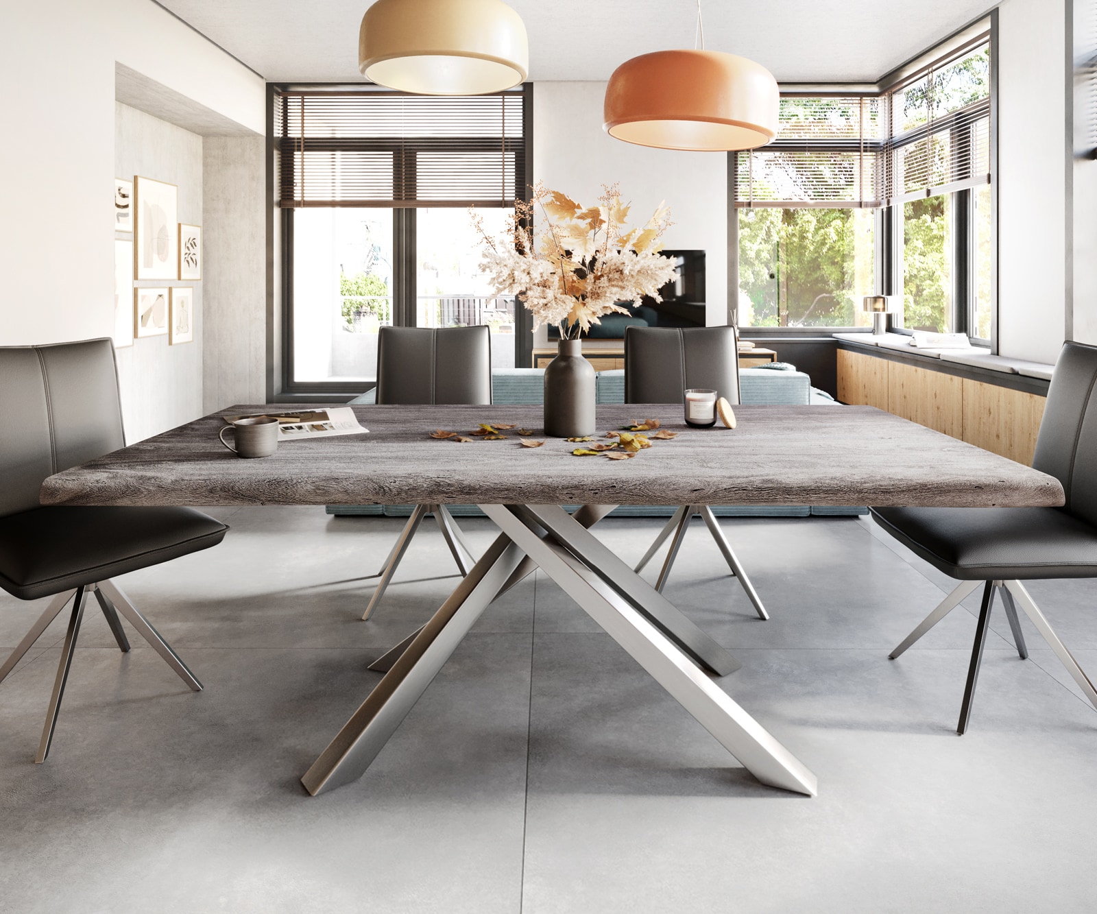 Esstisch Edge 200x100 XL Akazie Platin Kreuzgestell Rechteck Edelstahl Live-Edge 2 Esstisch Edge 200x100 XL Akazie Platin Kreuzgestell Rechteck Edelstahl Live-Edge 2