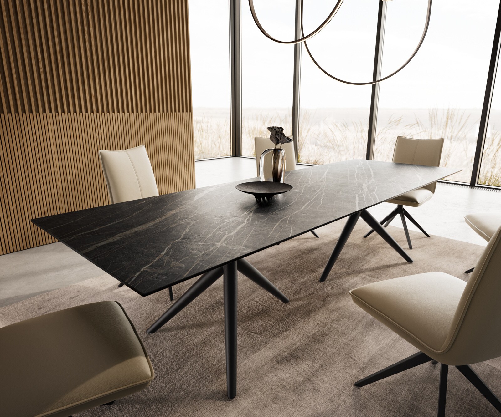 Esstisch Edge 300x100 Keramik Laminam®Noir Desir Braun Estelar rund Metall Schwarz 7