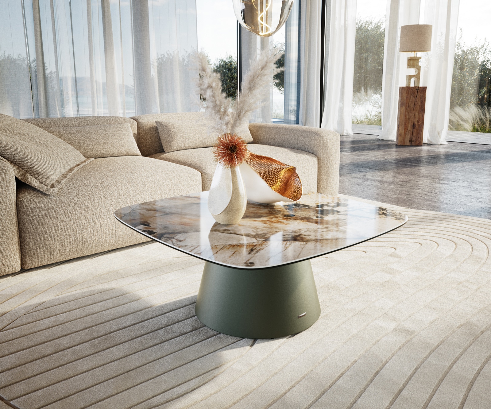 Couchtisch Edge Boot 90x90 cm Keramik Patagonia Poliert Borna Effektfinish Titan