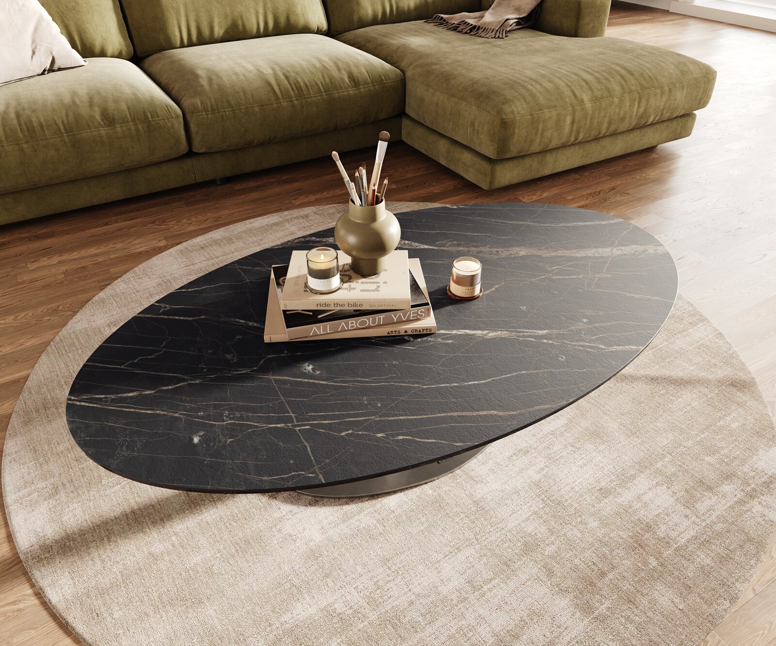 Couchtisch Edge Oval 140x80 cm Keramik Laminam® Noir Desir Braun Vibany Edelstahl gebürstet 3