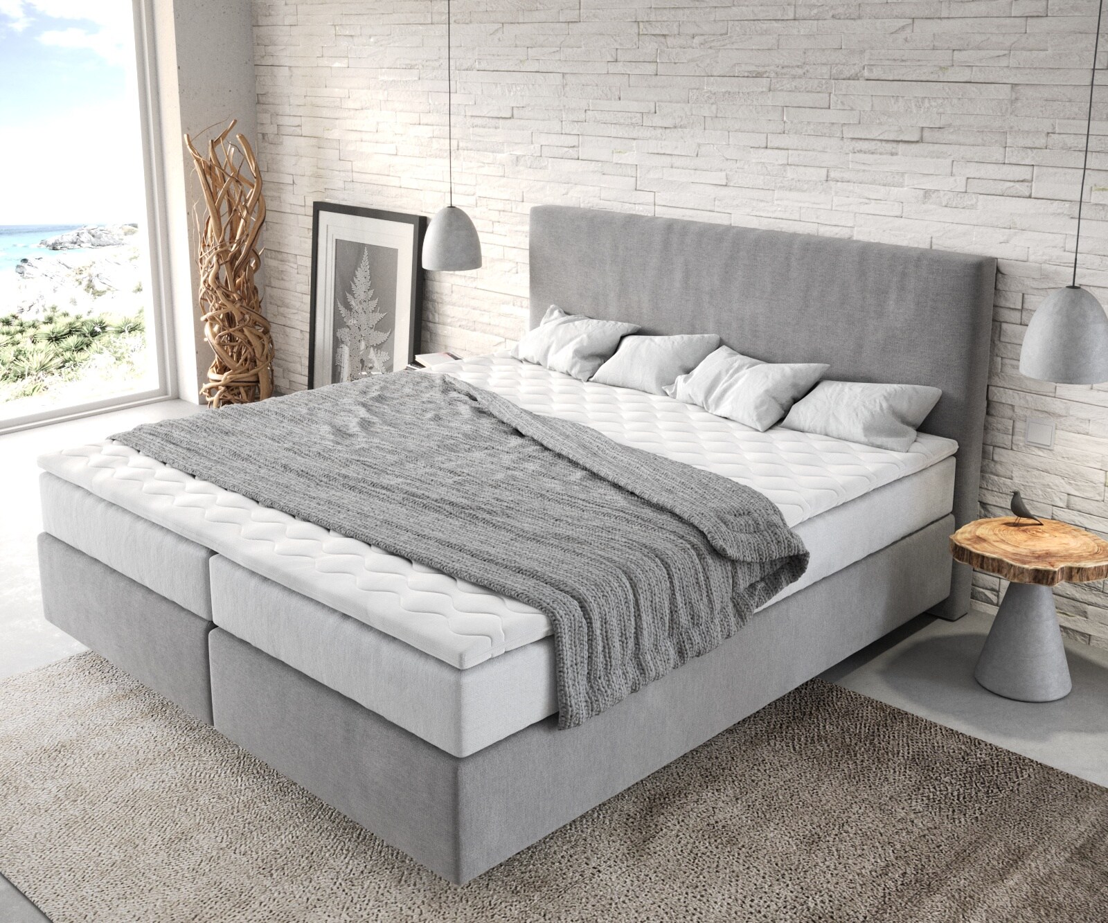 Boxspringbett Dream-Well 180x200 cm Mikrofaser Grau mit TFK Matratze und Visco Topper 3