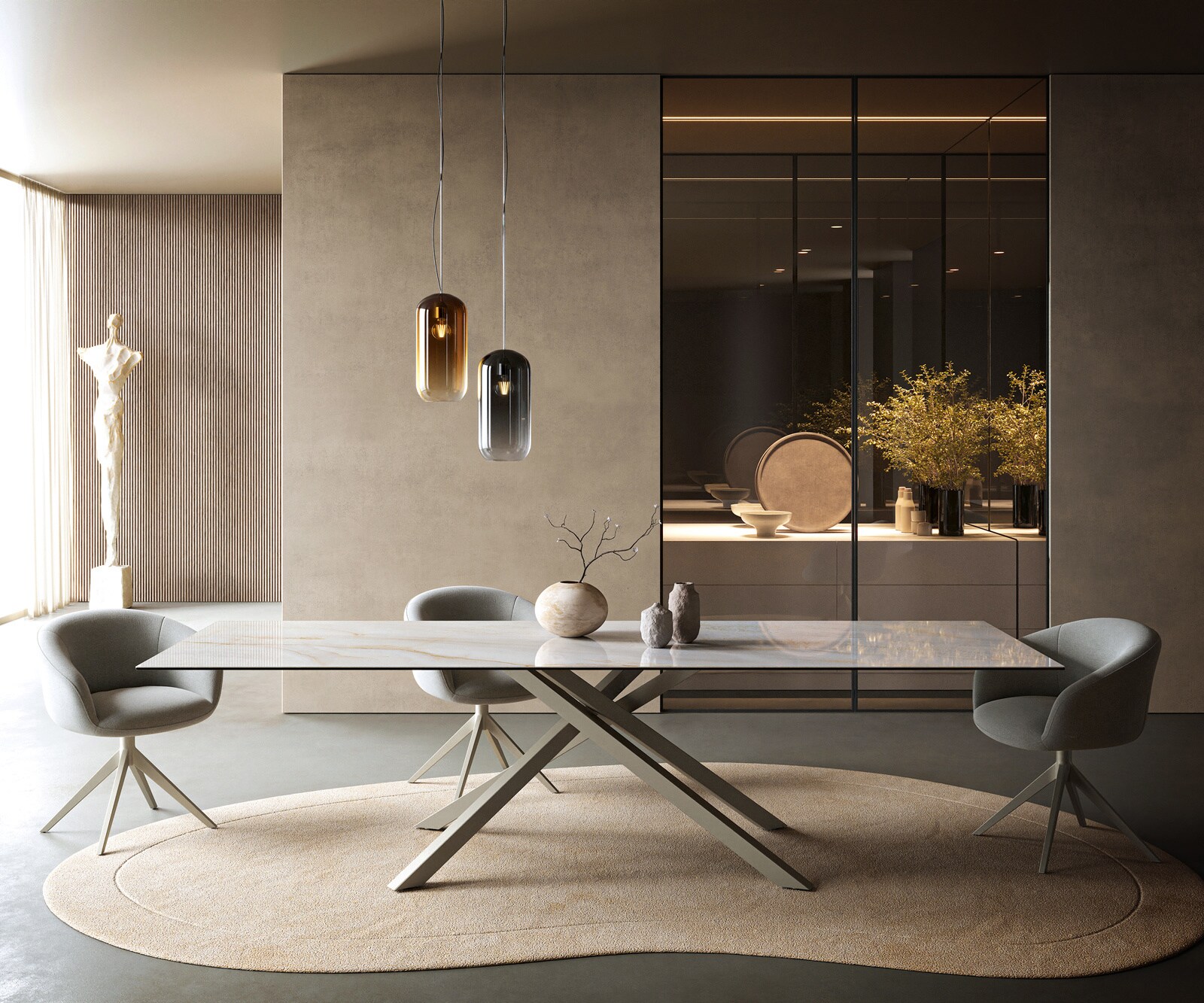 Esstisch Edge 300x100 cm Keramik Onyx Pearl Kreuzgestell Rechteck Effektfinish Titan 2