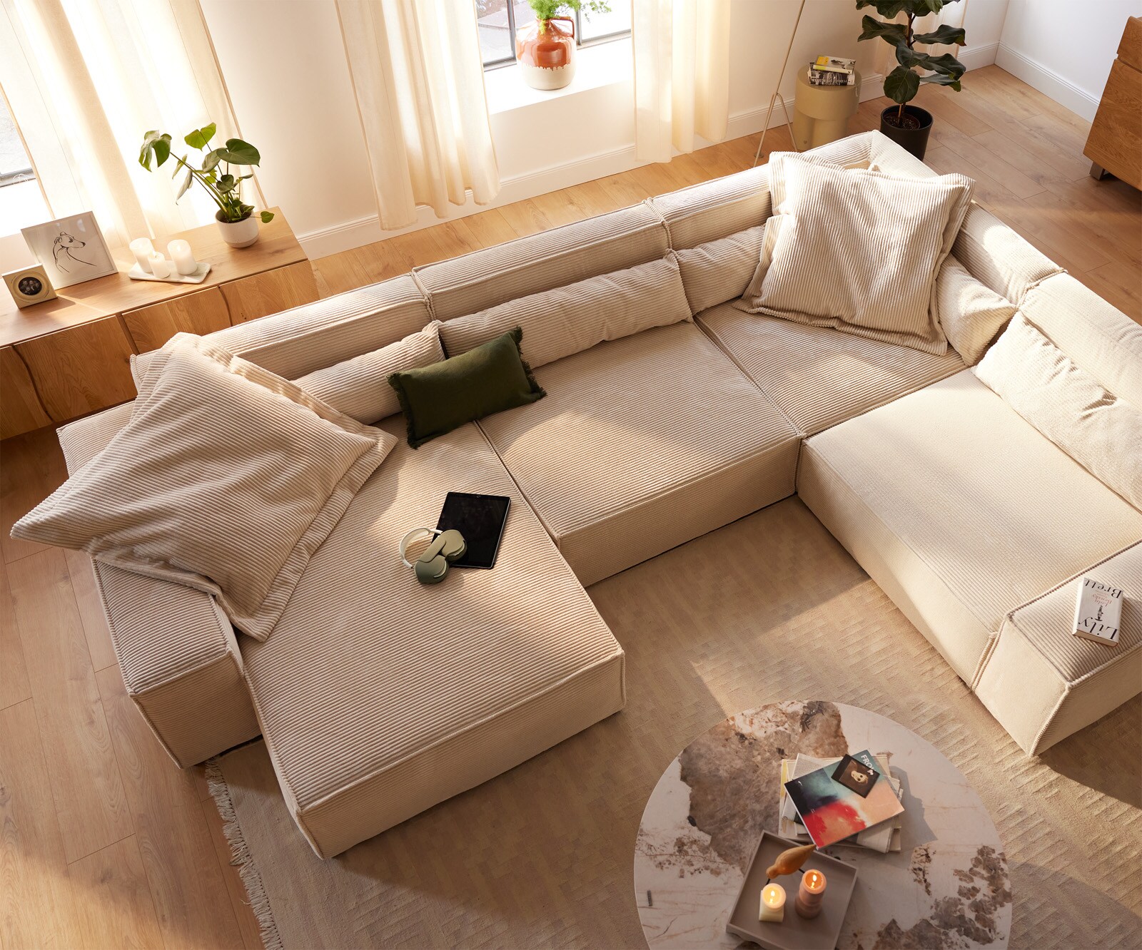 Wohnlandschaft Sirpio XL 360x260 cm Cord Beige Recamiere variabel 3