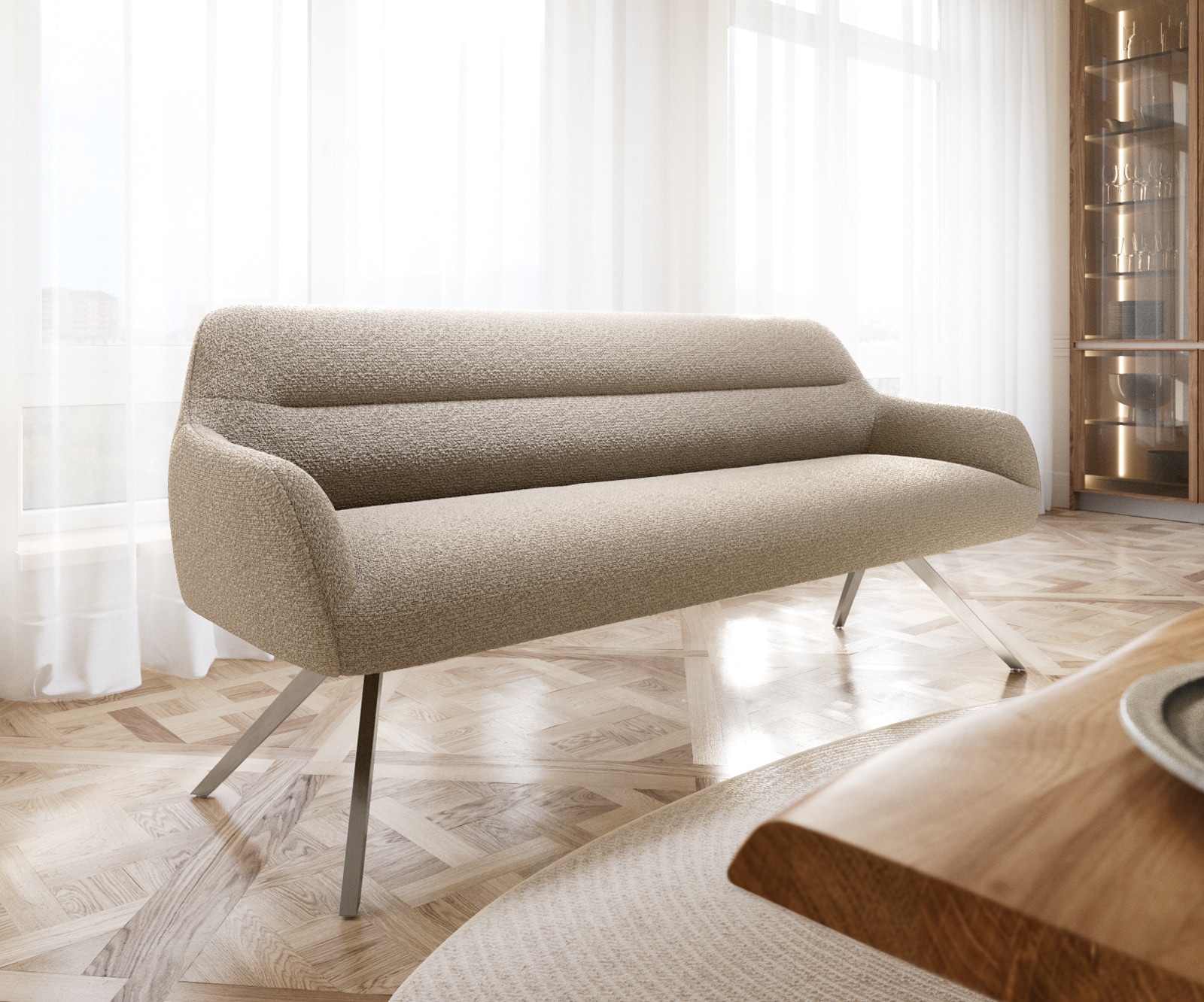 Esszimmerbank Taya-Flex 200 cm Bouclé Schlamm Kreuzgestell kantig Edelstahl Taschenfederkern