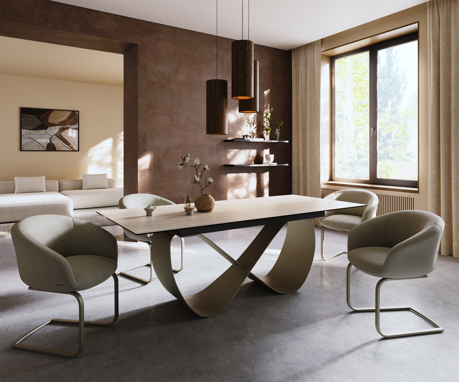 Esstisch Edge 180-220x100 Keramik Laminam® Travertino Bianco Creme-Weiß Infinity Metall Effektfinish Titan ausziehbar 6
