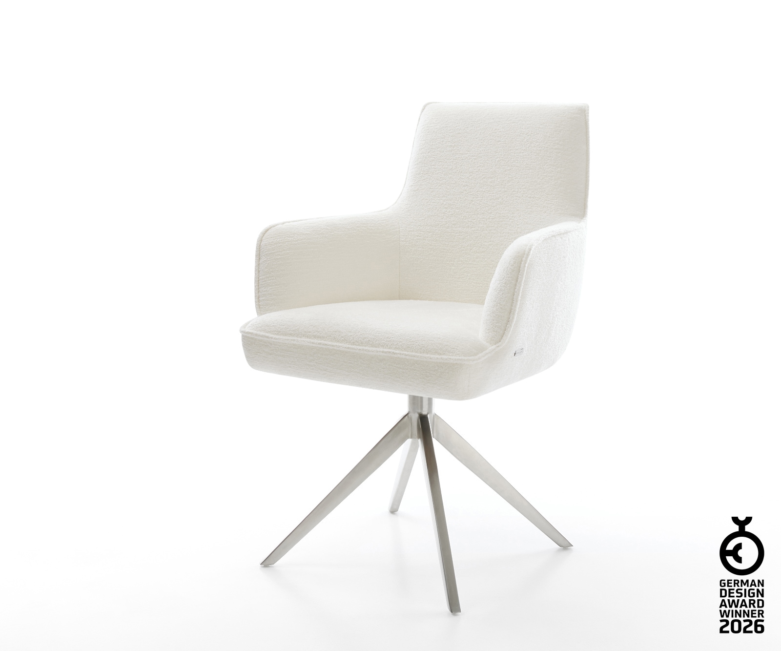 Drehstuhl Heira-Flex mit Armlehnen Bouclé Soft Beige Kreuzgestell breit Edelstahl 360° drehbar Wippfunktion Taschenfederkern