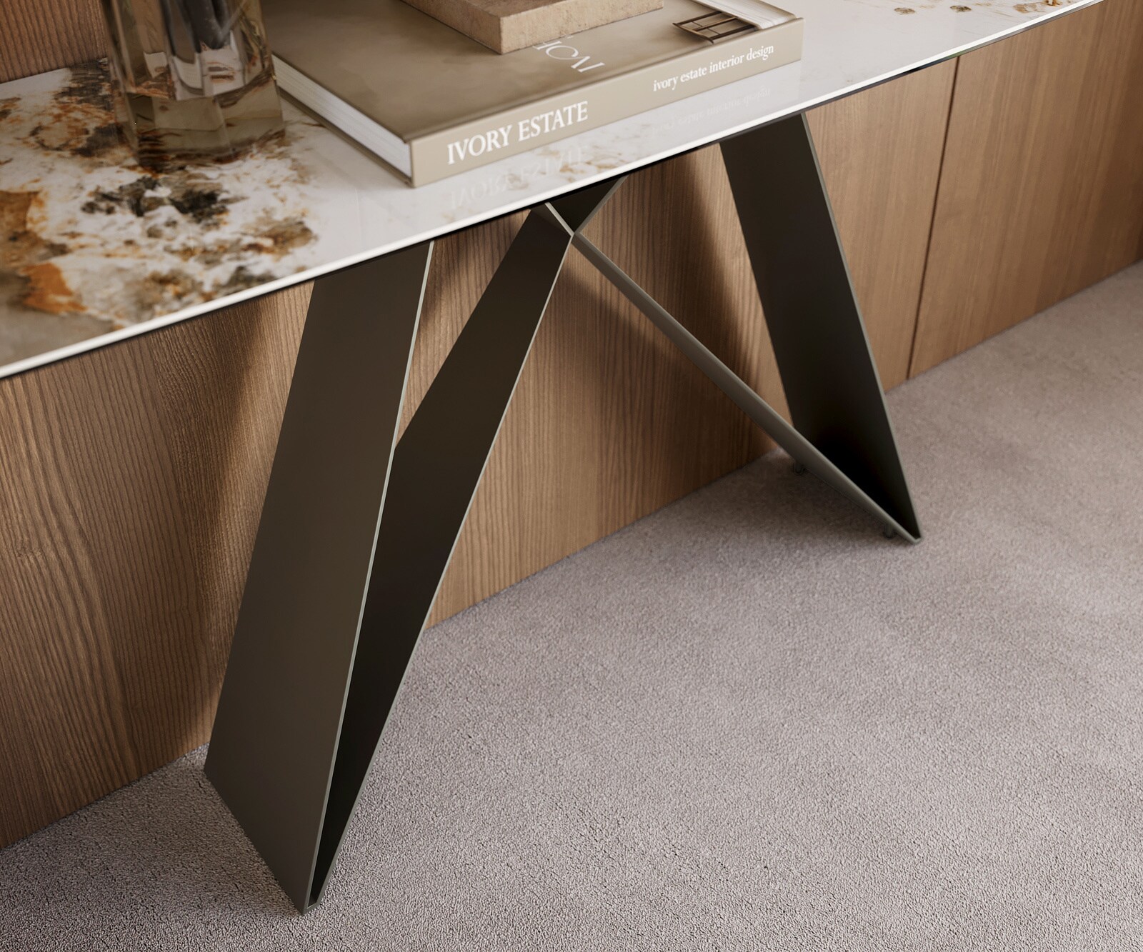 Konsolentisch Edge Boot 180x40 cm Keramik Minas Melange Weiß-Beige Velio Metall Effektfinish Titan 5
