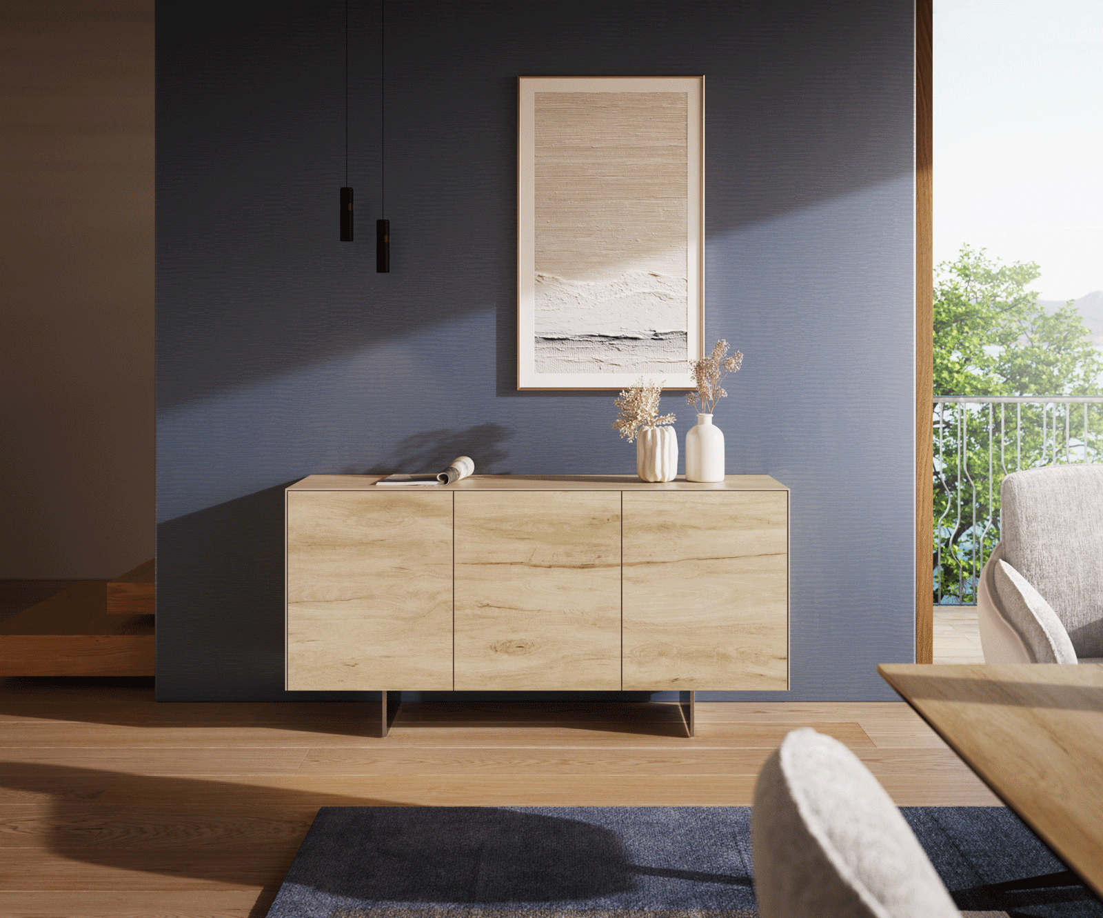 Sideboard Cuor 150 cm Keramik Laminam® Sabbia Eichefarbig 3 Türen Fuß Schwebeoptik Edelstahl 2
