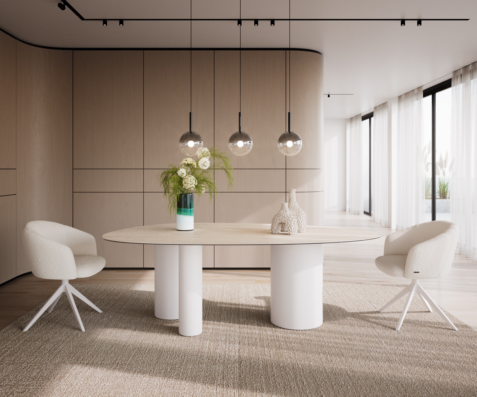 Esstisch Edge Oval 220x120 Keramik Laminam® Travertino Bianco Creme-Weiß Troa Metall Weiß 2