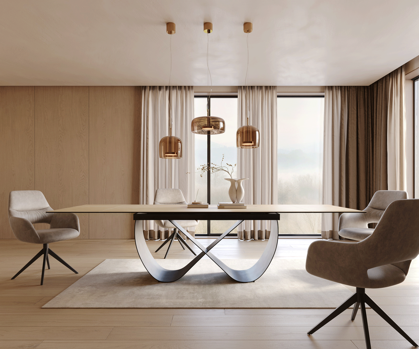 Esstisch Edge 200-300x100 cm Keramik Laminam® Sabbia Eichefarbig Infinity Metall Schwarz ausziehbar 1