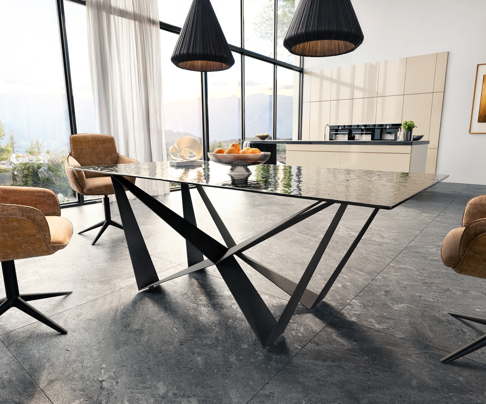 Esstisch Edge 200x100 Reliefglas Rauchschwarz 3D-Design Spider Flachstahl Schwarz 3 Esstisch Edge 200x100 Reliefglas Rauchschwarz 3D-Design Spider Flachstahl Schwarz 3