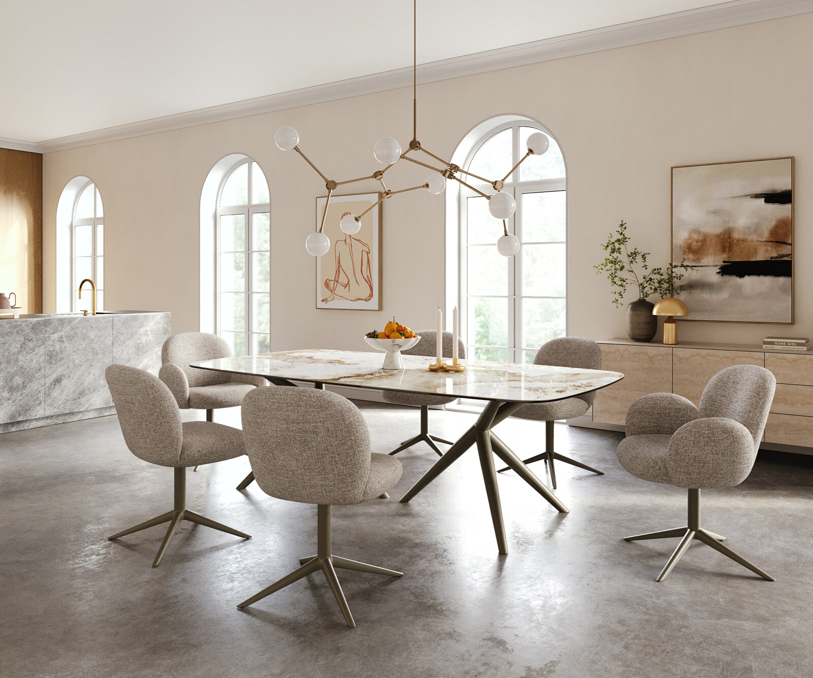 Esstisch Edge Boot 240x120 cm Keramik Minas Melange Weiß-Beige Estelar rund Metall Effektfinish Titan 6