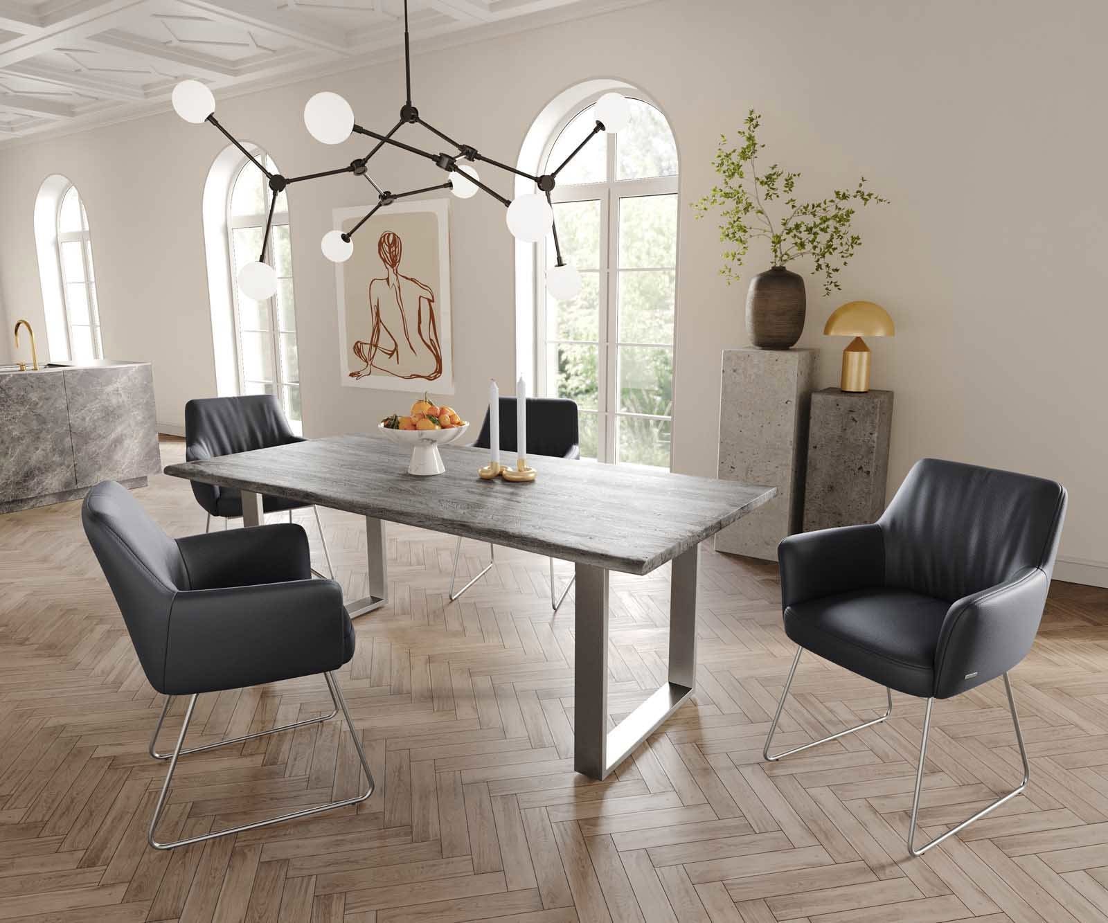 Esszimmerstuhl Xana-Flex mit Armlehnen Echt-Leder Schwarz Kufengestell Edelstahl Taschenfederkern 4 Esszimmerstuhl Xana-Flex mit Armlehnen Echt-Leder Schwarz Kufengestell Edelstahl Taschenfederkern 4