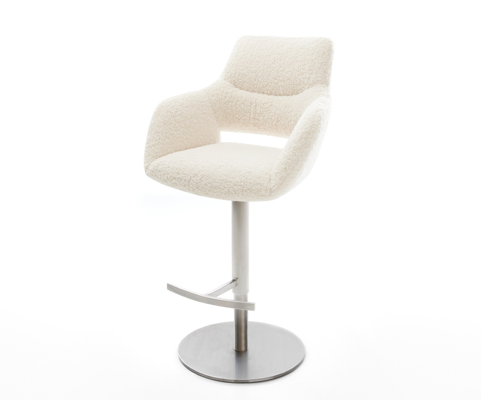 Barstuhl Yago-Flex Teddystoff Beige Drehfuß höhenverstellbar Edelstahl Silberfarben Taschenfederkern