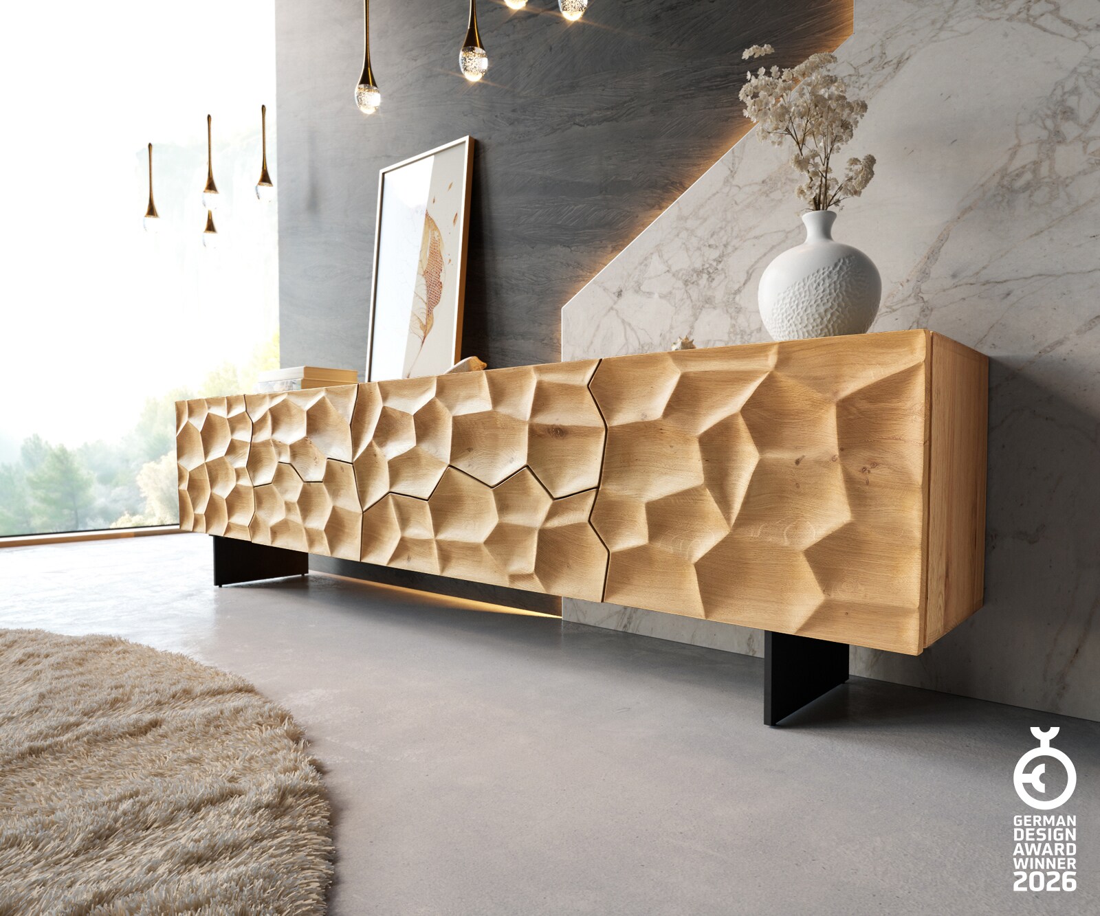 Lowboard Solu 220 cm Eiche Natur 2 Türen 4 Schübe Fuß schwebend Metall Schwarz 3D-Front