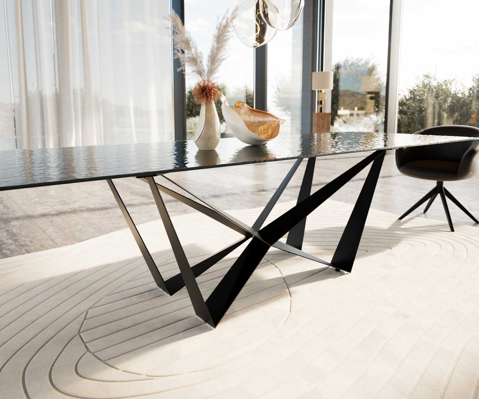 Esstisch Edge 300x100 Reliefglas Rauchschwarz 3D-Design Spider Flachstahl Schwarz 5