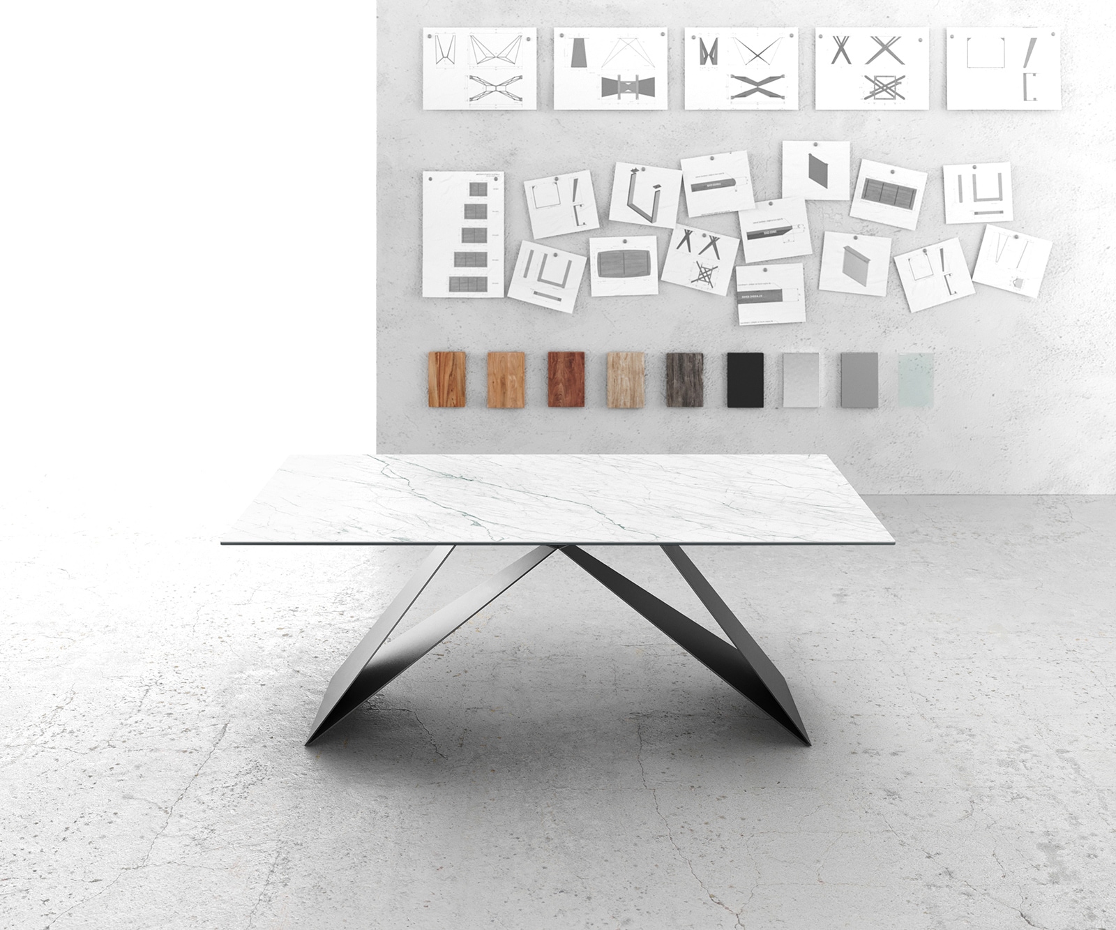 Esstisch Edge 200x100cm Keramik Laminam®Statuarietto Weiß V-Mittelfuß Schwarz 1