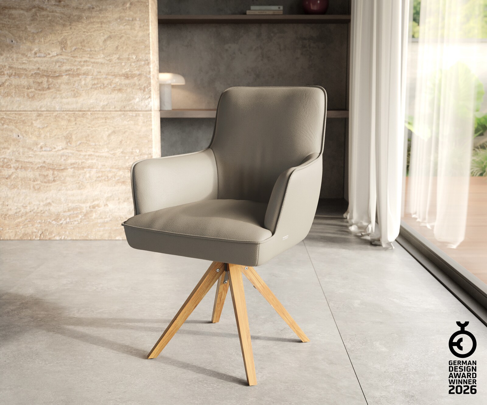 Drehstuhl Heira-Flex mit Armlehnen Echt-Leder Schlamm Holzgestell kantig Natur 180° drehbar Taschenfederkern