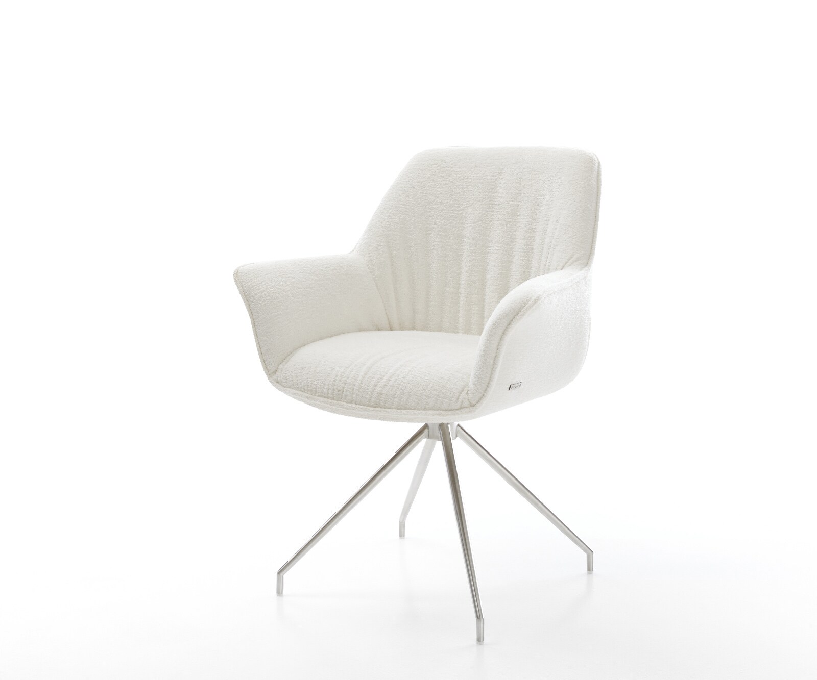 Esszimmerstuhl Keila-Flex mit Armlehnen Bouclé Soft Beige Kreuzgestell konisch Edelstahl