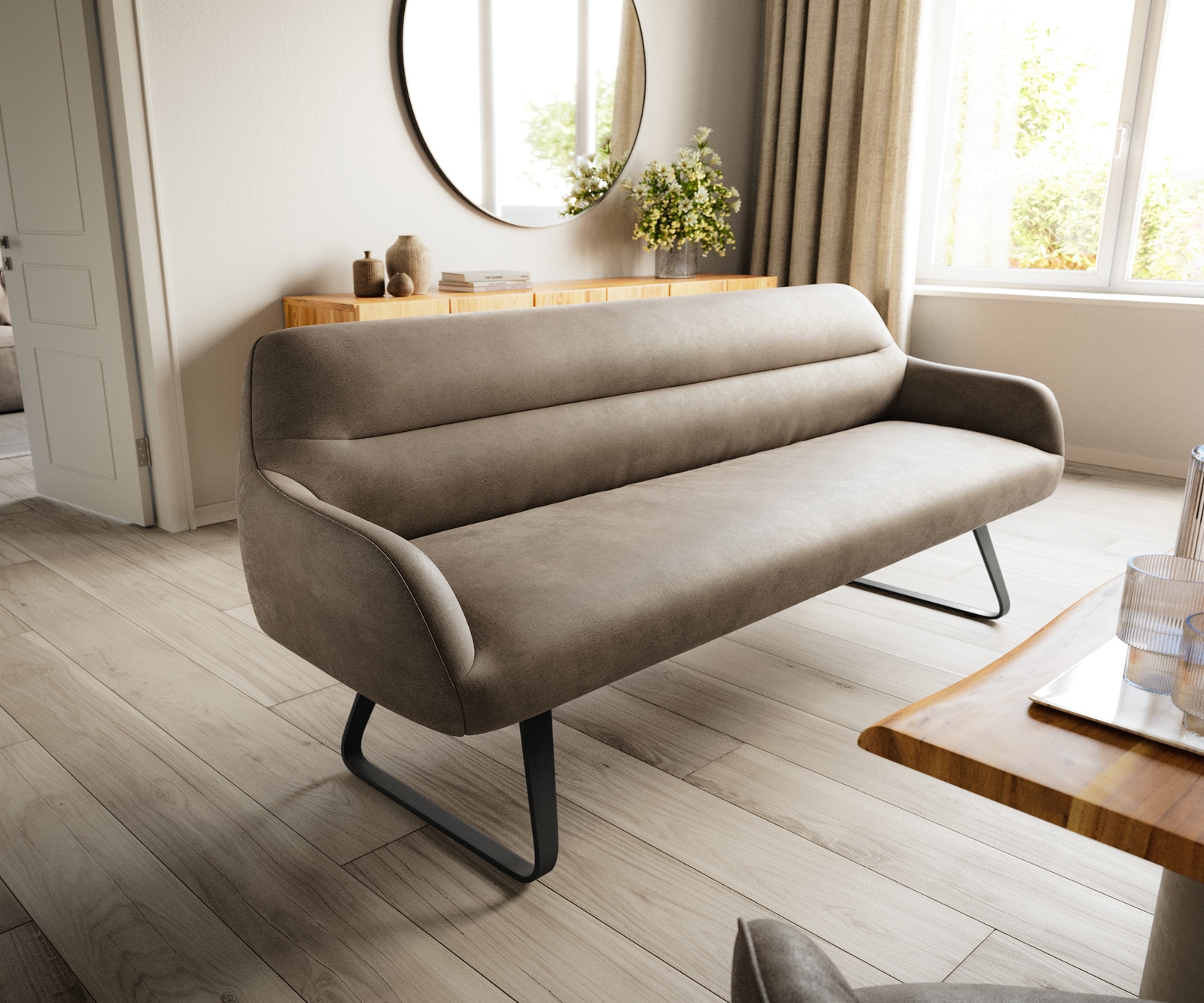 Esszimmerbank Taya-Flex 200 cm Mikrofaser Taupe Vintage Kufengestell flach Schwarz Taschenfederkern