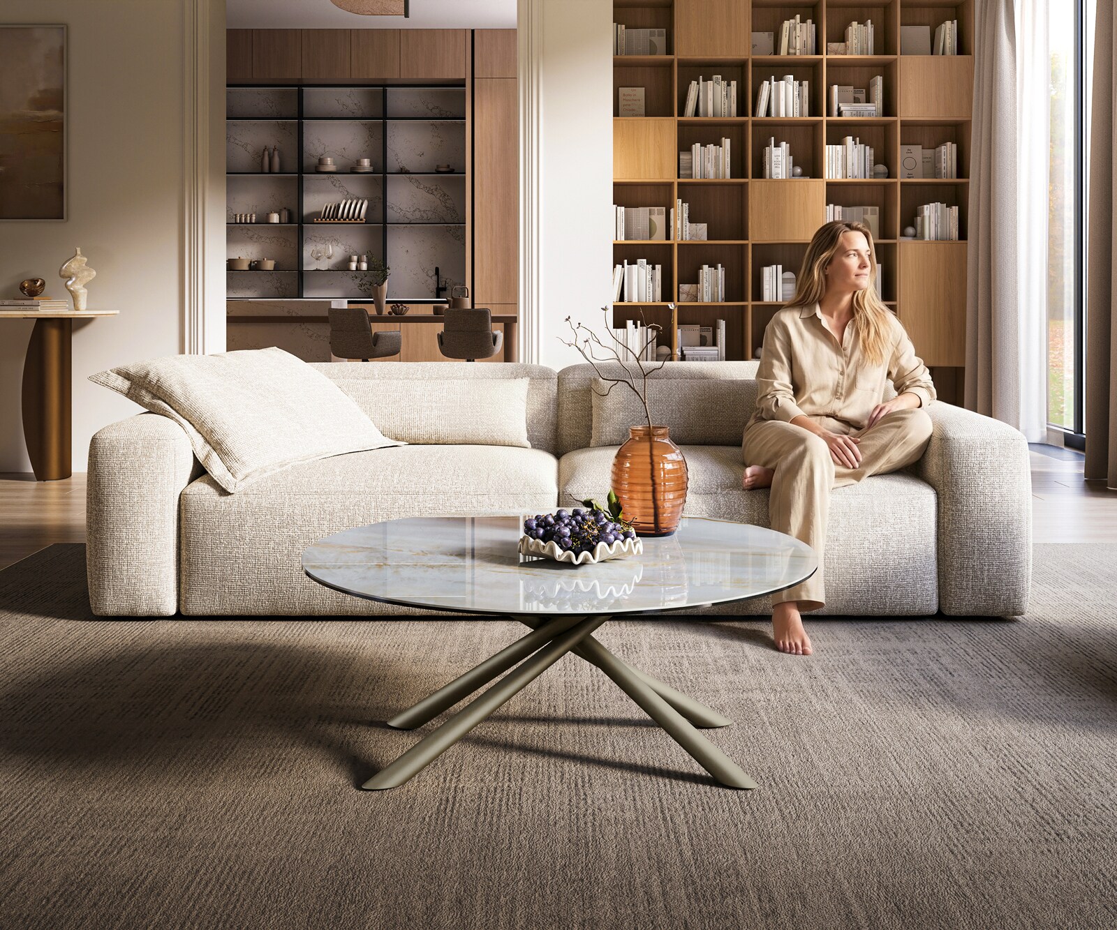 Couchtisch Edge Rund 100x100 cm Keramik Onyx Pearl Sarity Metall Effektfinish Titan 1