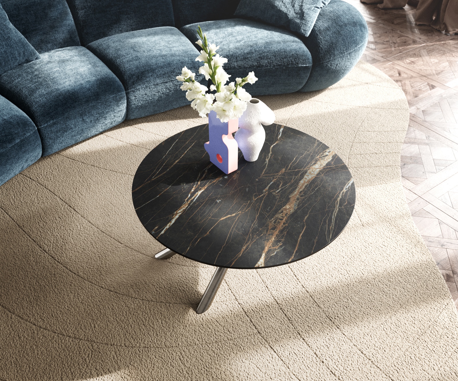 Couchtisch Edge Rund 90x90 cm Keramik Laminam® Noir Desir Braun Sarity Edelstahl gebürstet 3