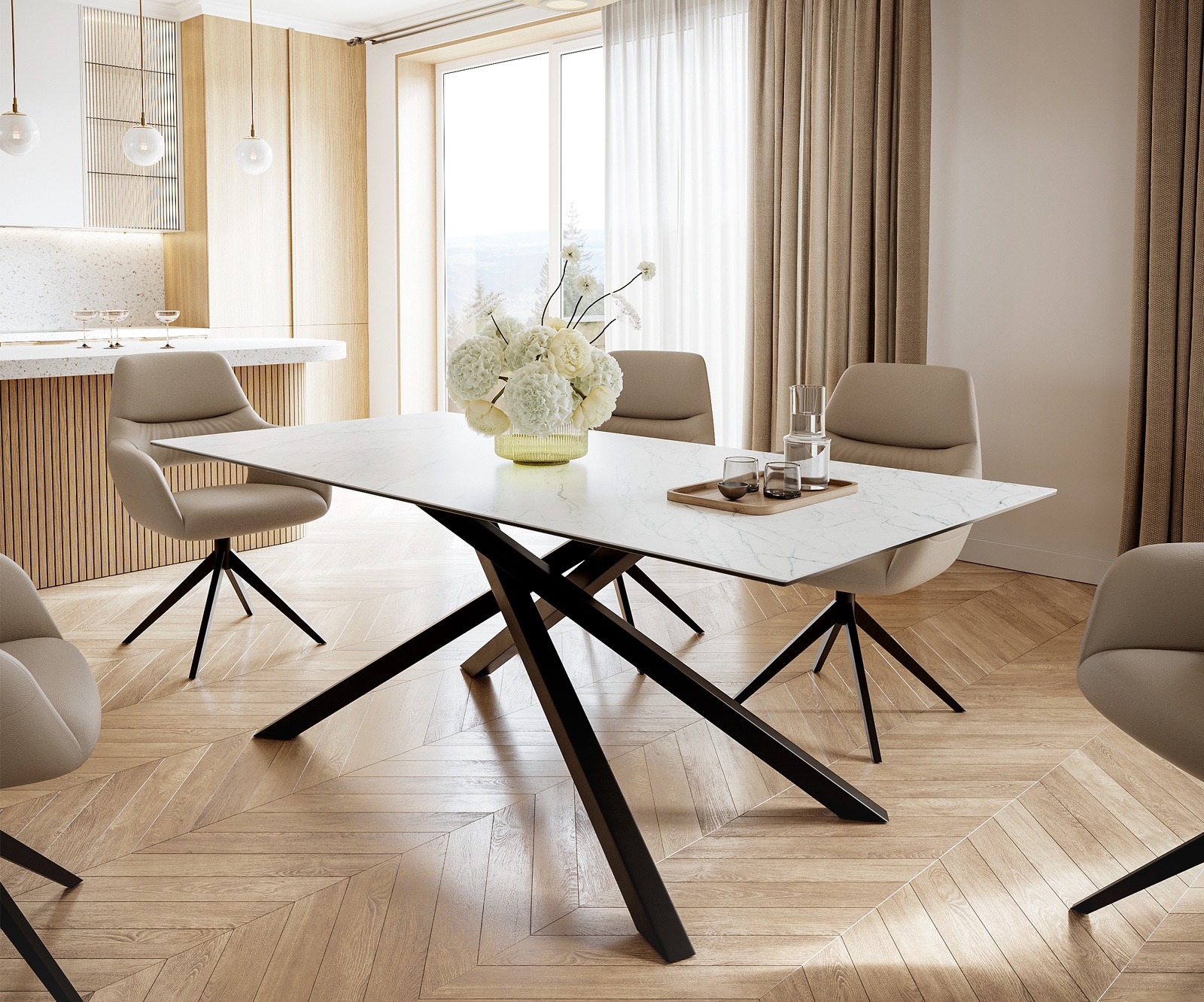 Delife Esstisch Edge 200x100cm Keramik Laminam®Statuarietto Weiß Mittelfuß Kreuz Schwarz