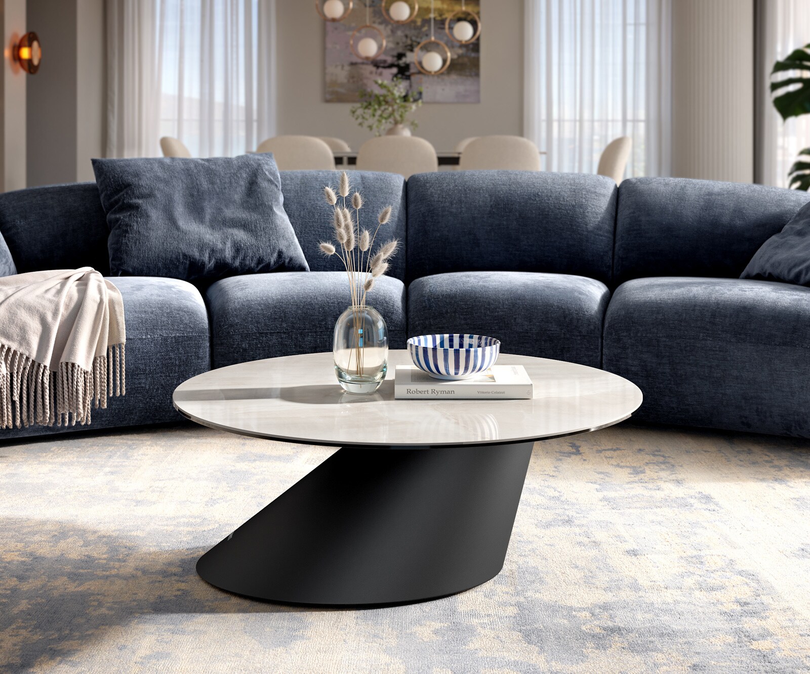 Couchtisch Edge Rund 90x90 cm Keramik Onyx Champagne Conis Metall Schwarz 2
