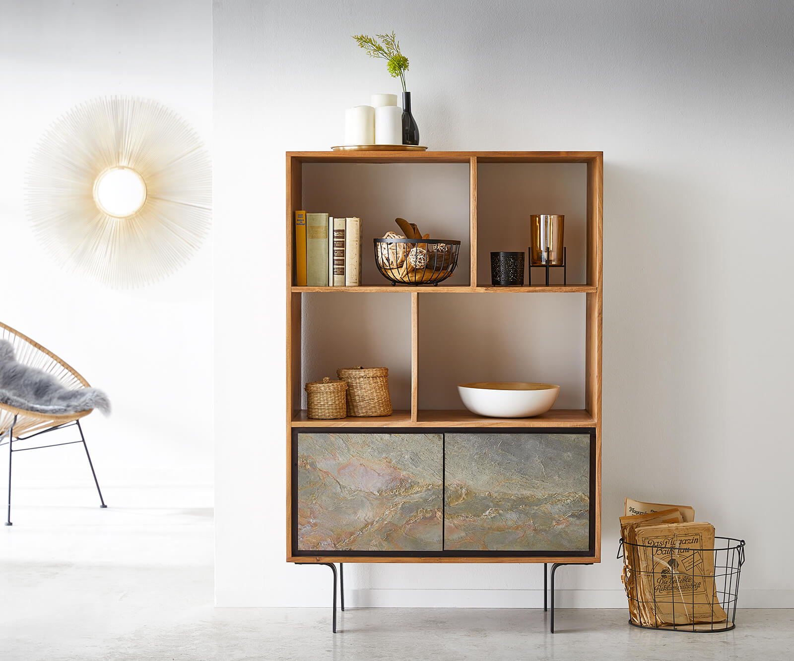 Highboard Juwelo 88x135 cm Akazie Natur mit Steinfurnier 