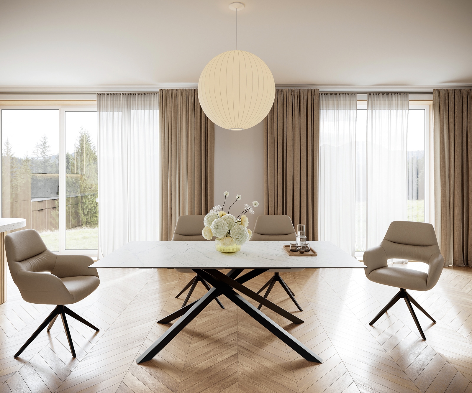 Esstisch Edge 200x100cm Keramik Laminam®Statuarietto Weiß Mittelfuß Kreuz Schwarz 1