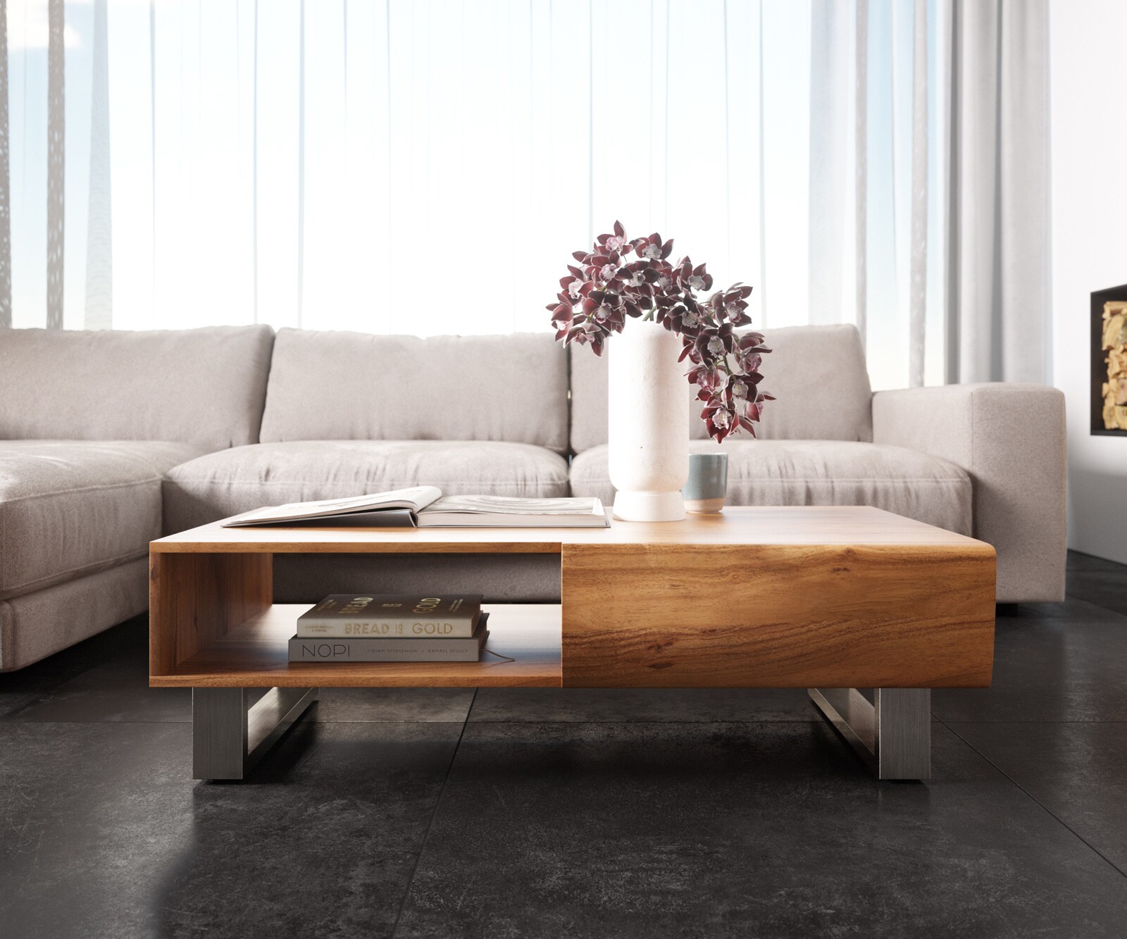 Couchtisch New Live-Edge 115x60 cm Akazie Natur 2 Schubladen 1 Fach Kufe Edelstahl gebürstet 1