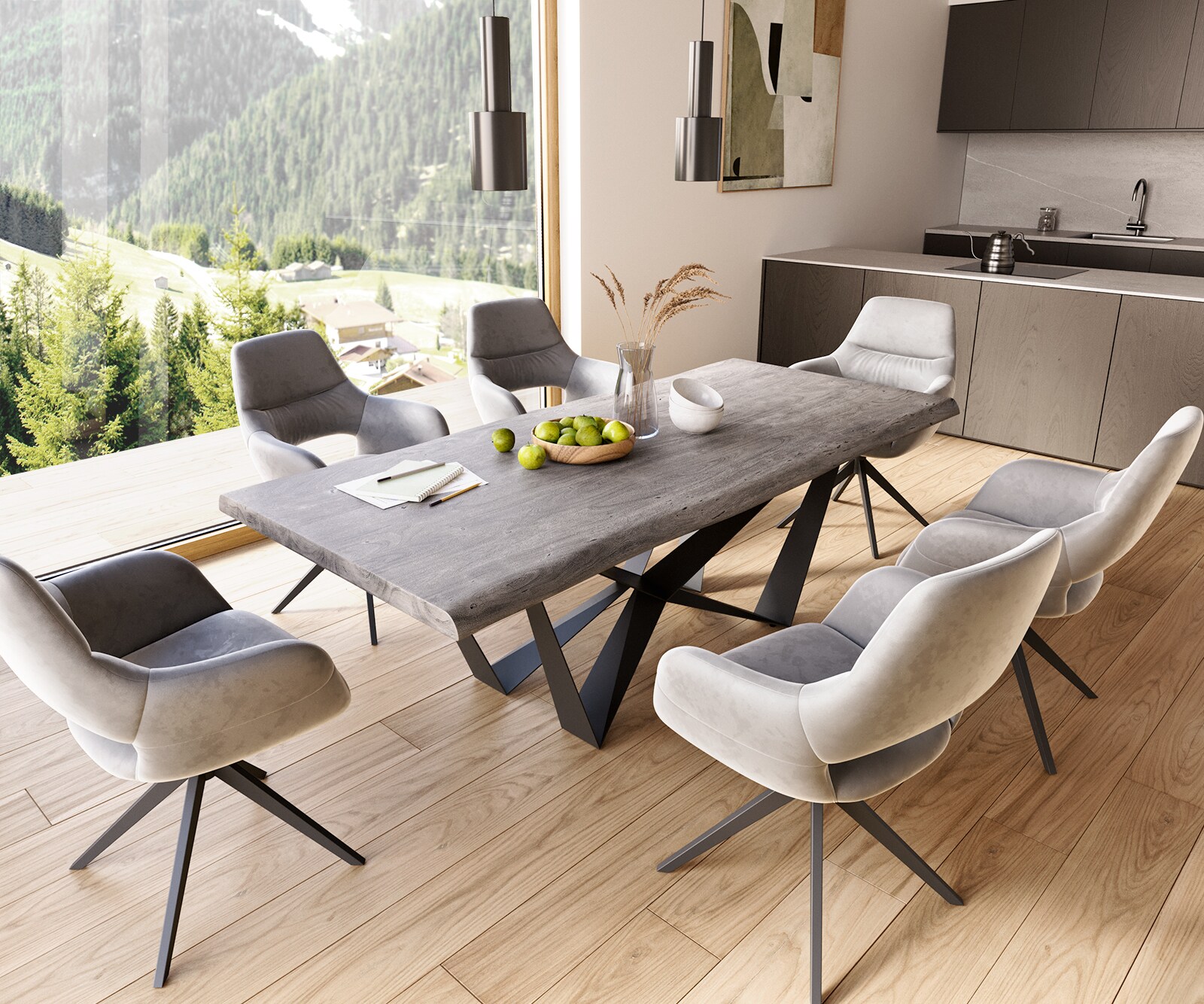 Esstisch Edge 220x100 XL Akazie Platin Spider Flachstahl Schwarz Live-Edge 6