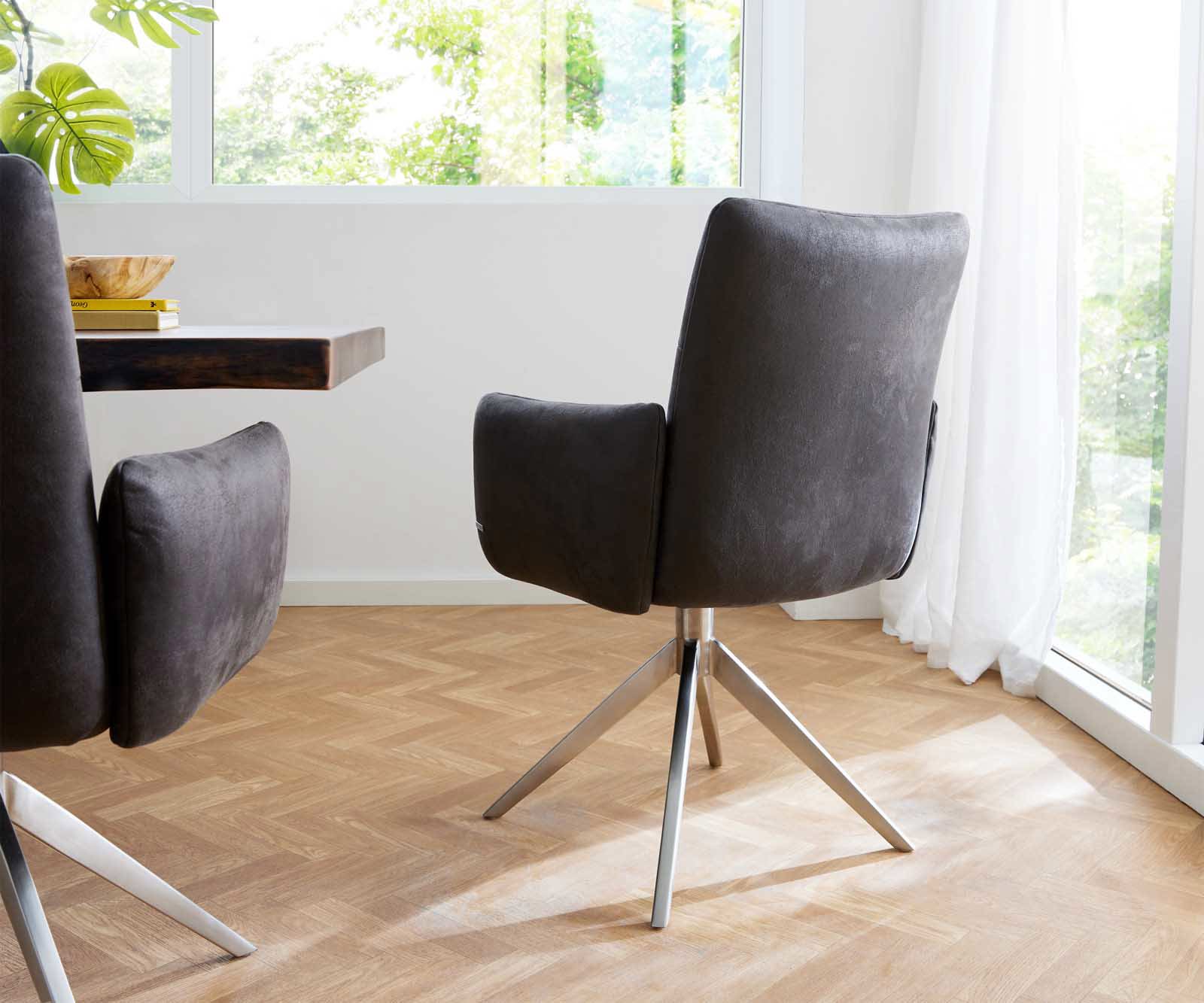 Drehstuhl Jova-Flex mit Armlehnen Mikrofaser Anthrazit Vintage Kreuzgestell breit Edelstahl 360° drehbar Taschenfederkern 4