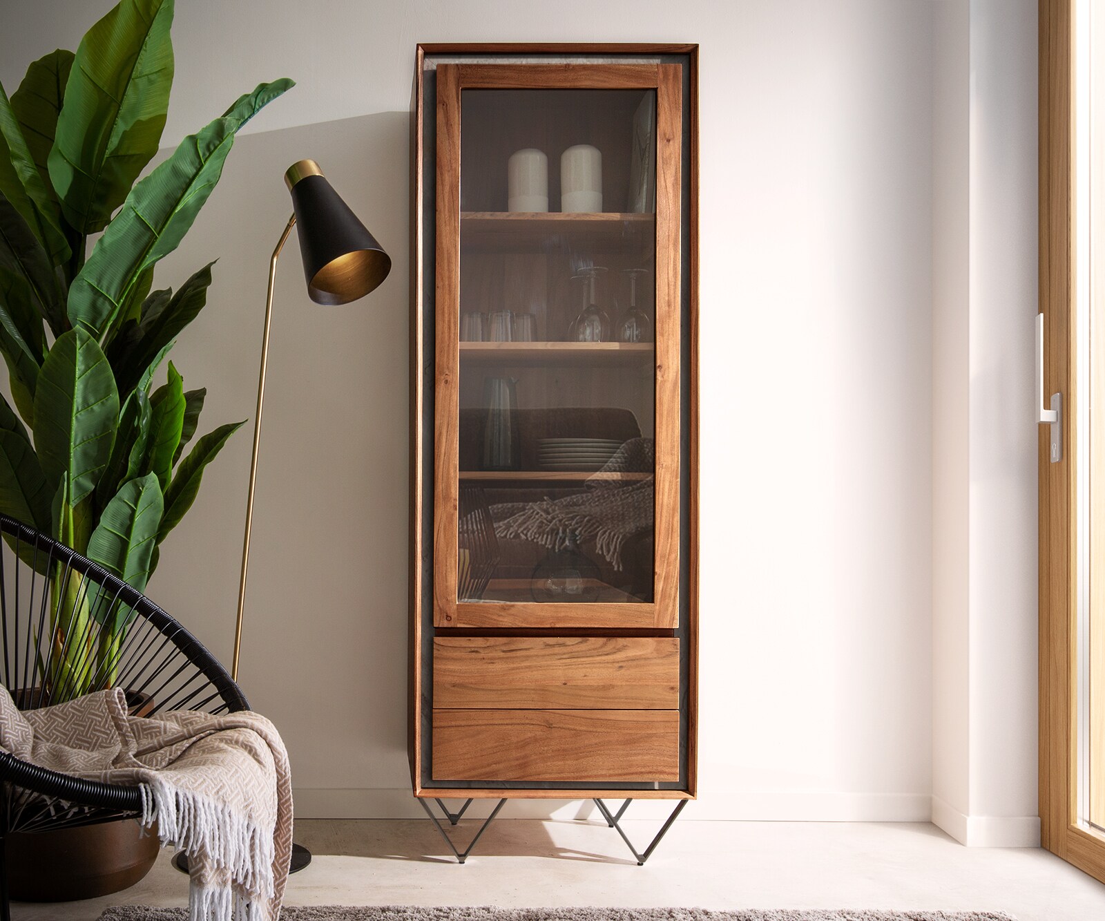 Vitrine Stonegrace 55x180 cm Akazie Braun Steinfurnier 1 Tür 2 Schubladen V-Fuß Schwarz 1
