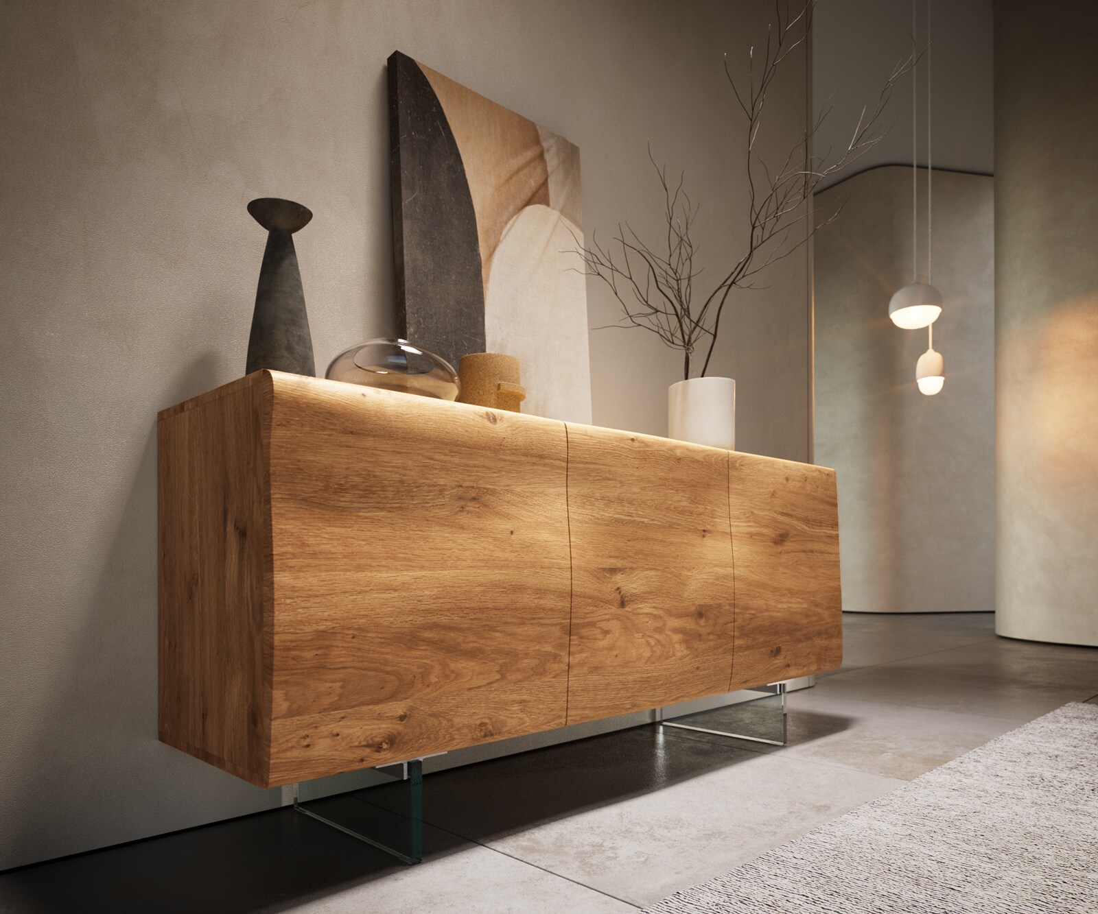 Sideboard New Live-Edge 145 cm Eiche Natur 3 Türen Glasfuß 4