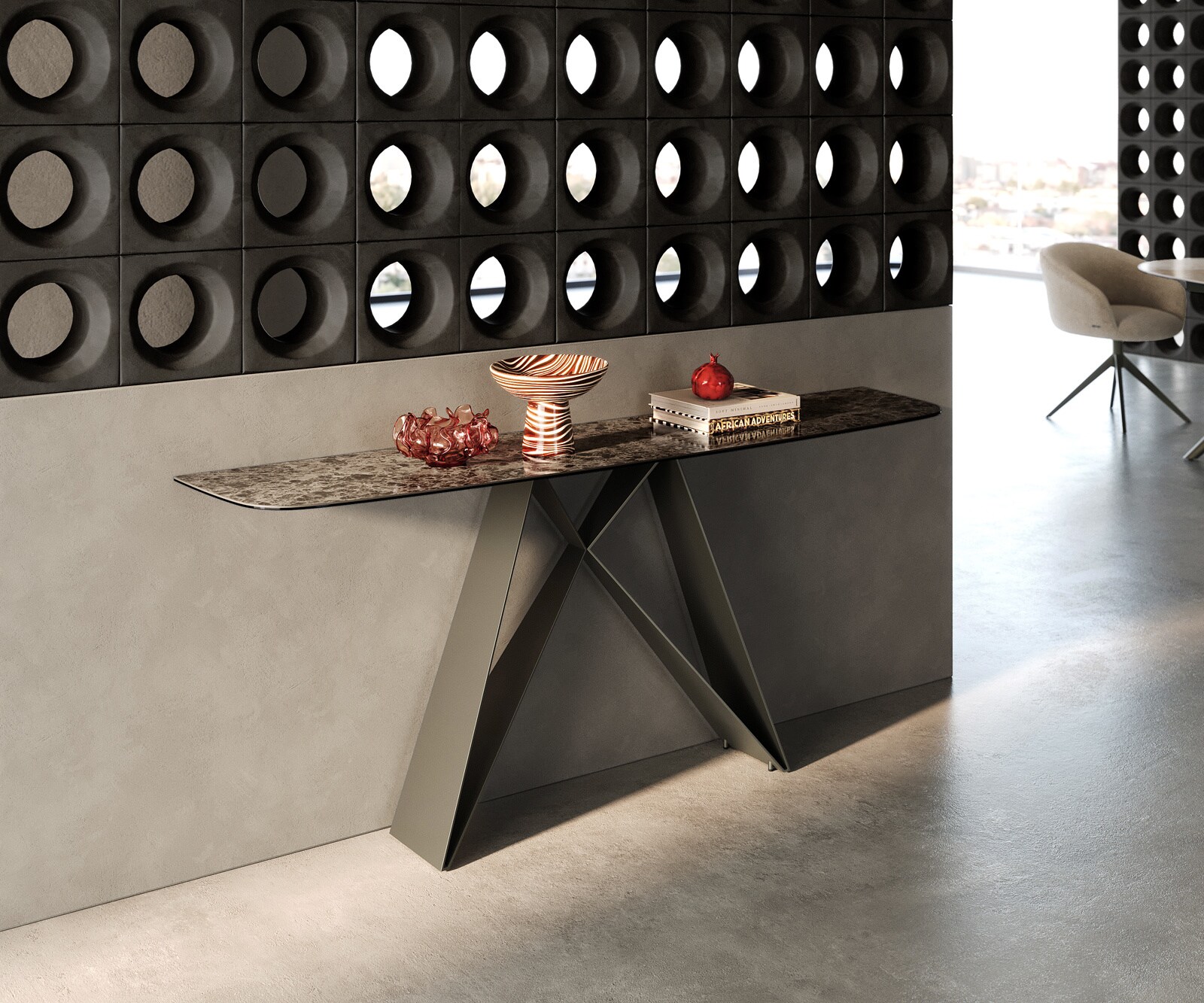 Konsolentisch Edge Boot 180x40 cm Keramik Emperador Extra Lucidato Dunkelbraun Velio Metall Effektfinish Titan 3