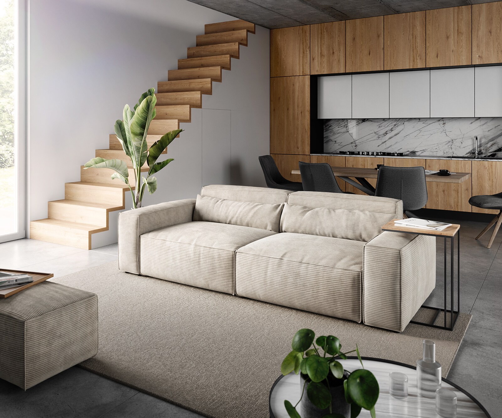 Big-Sofa Sirpio 230x95 cm Cord Beige mit Hocker
