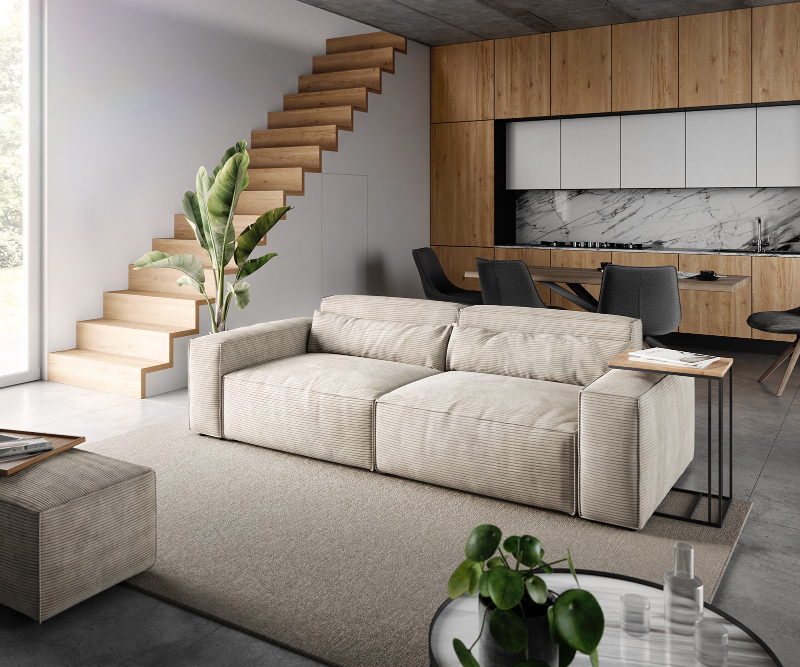 Big-Sofa Sirpio 230x95 cm Cord Beige mit Hocker