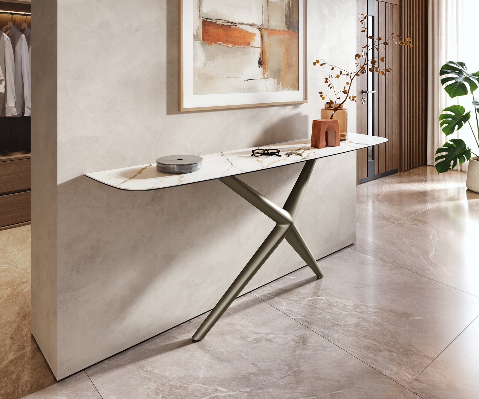 Konsolentisch Edge Boot 180x40 cm Keramik Calacatta Luxe Weiß-Gold-Grau Estelo Metall Effektfinish Titan 4