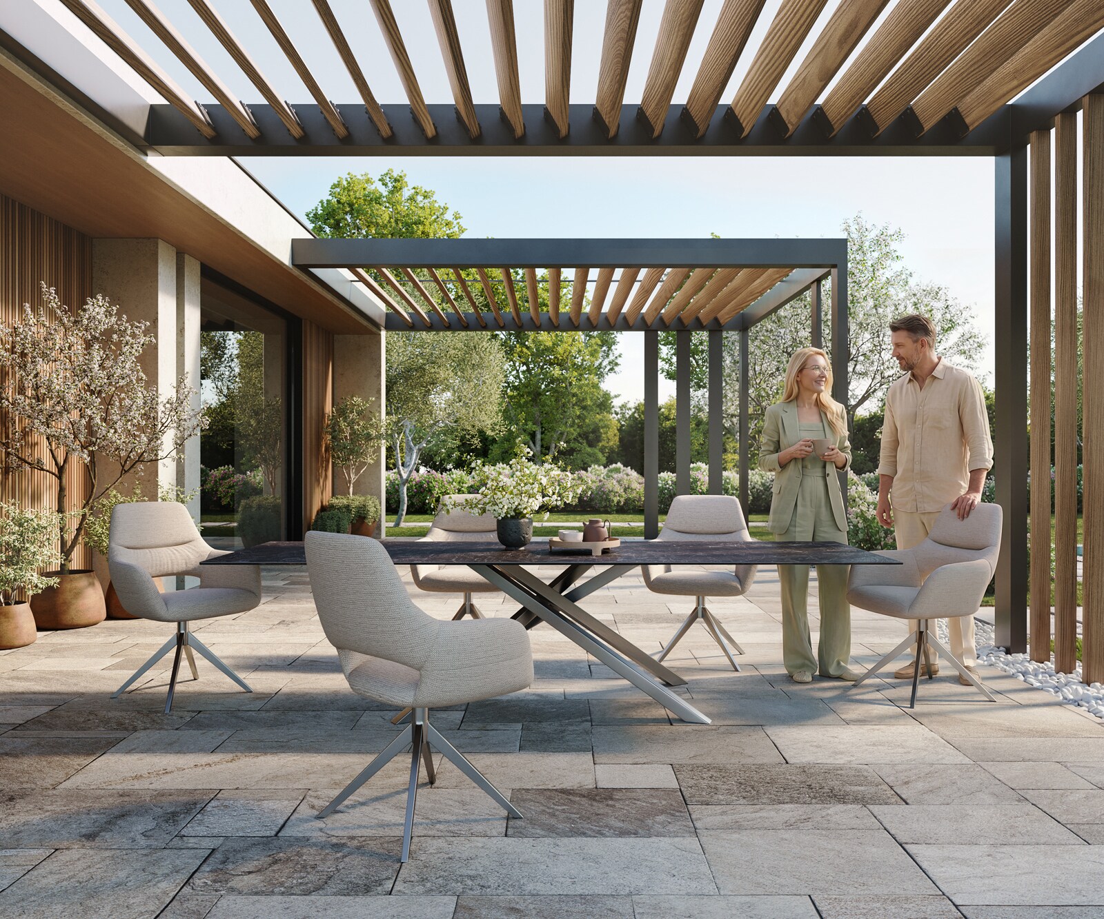 Outdoortisch Edge 300x100 cm Keramik Laminam® Nero Greco Anthrazit Kreuzgestell Rechteck Edelstahl 1