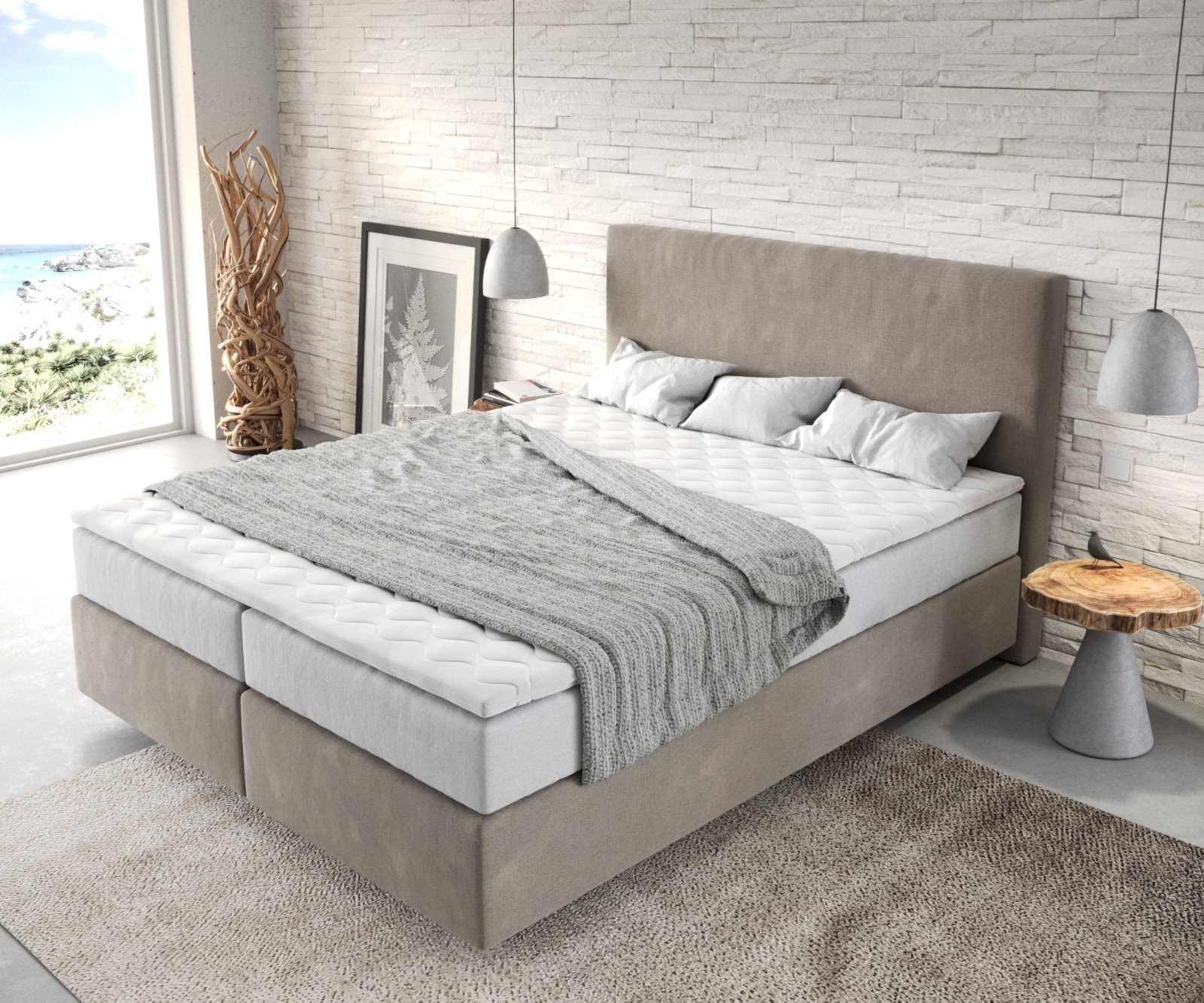 Boxspringbett Dream-Well 160x200 cm Mikrofaser Beige mit TFK Matratze und Visco Topper 3 Boxspringbett Dream-Well 160x200 cm Mikrofaser Beige mit TFK Matratze und Visco Topper 3